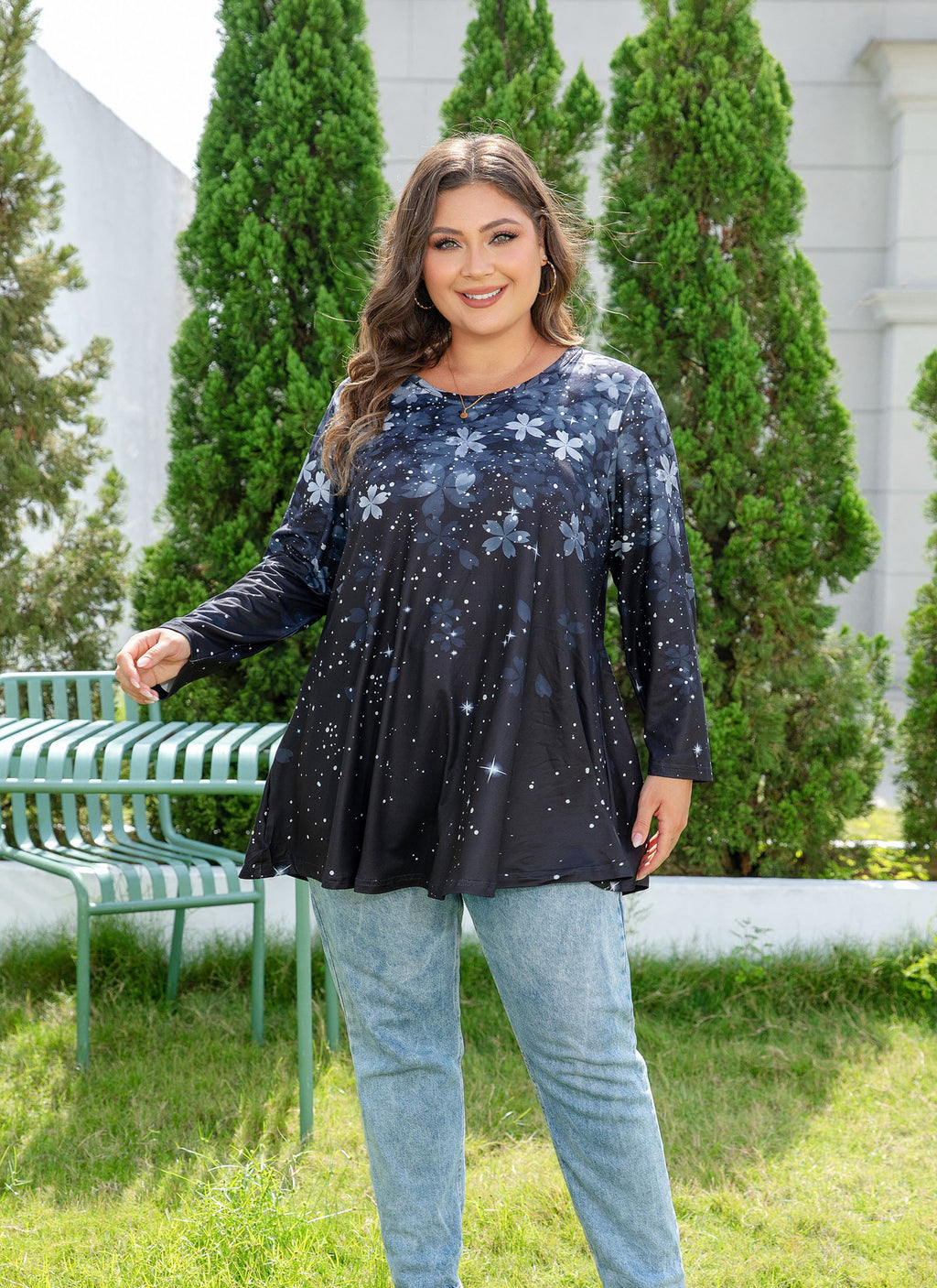 Womens Tunic 3/4 Sleeve Plus Size Tops Crew Neck Swing Flowy Loose Fit T-Shirt Blouses to Wear with Leggings