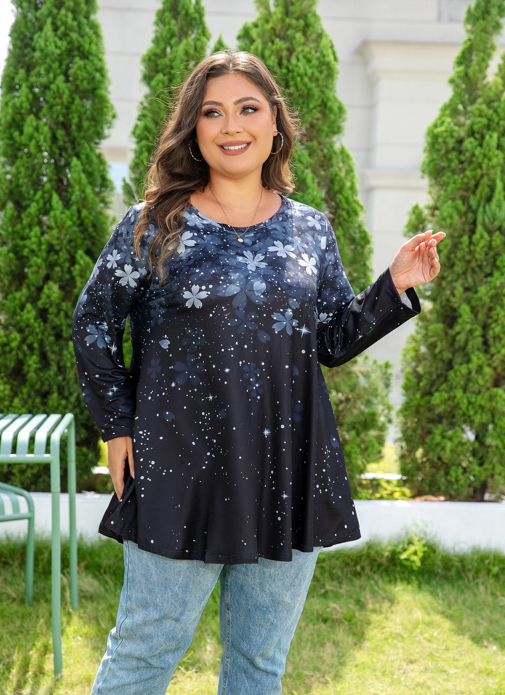 Womens Tunic 3/4 Sleeve Plus Size Tops Crew Neck Swing Flowy Loose Fit T-Shirt Blouses to Wear with Leggings