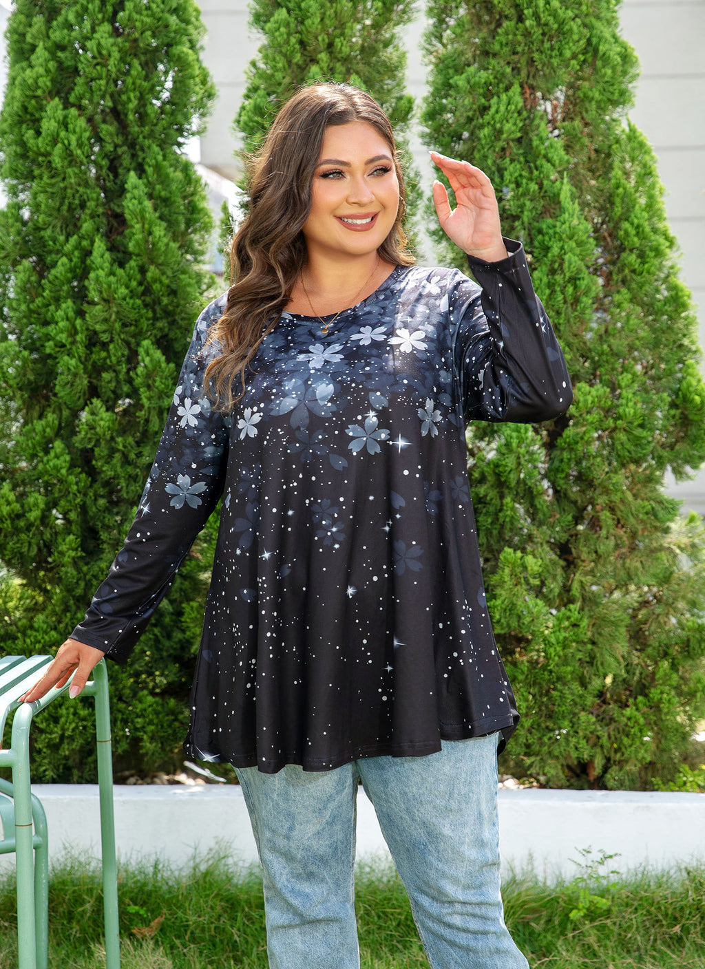 Womens Tunic 3/4 Sleeve Plus Size Tops Crew Neck Swing Flowy Loose Fit T-Shirt Blouses to Wear with Leggings