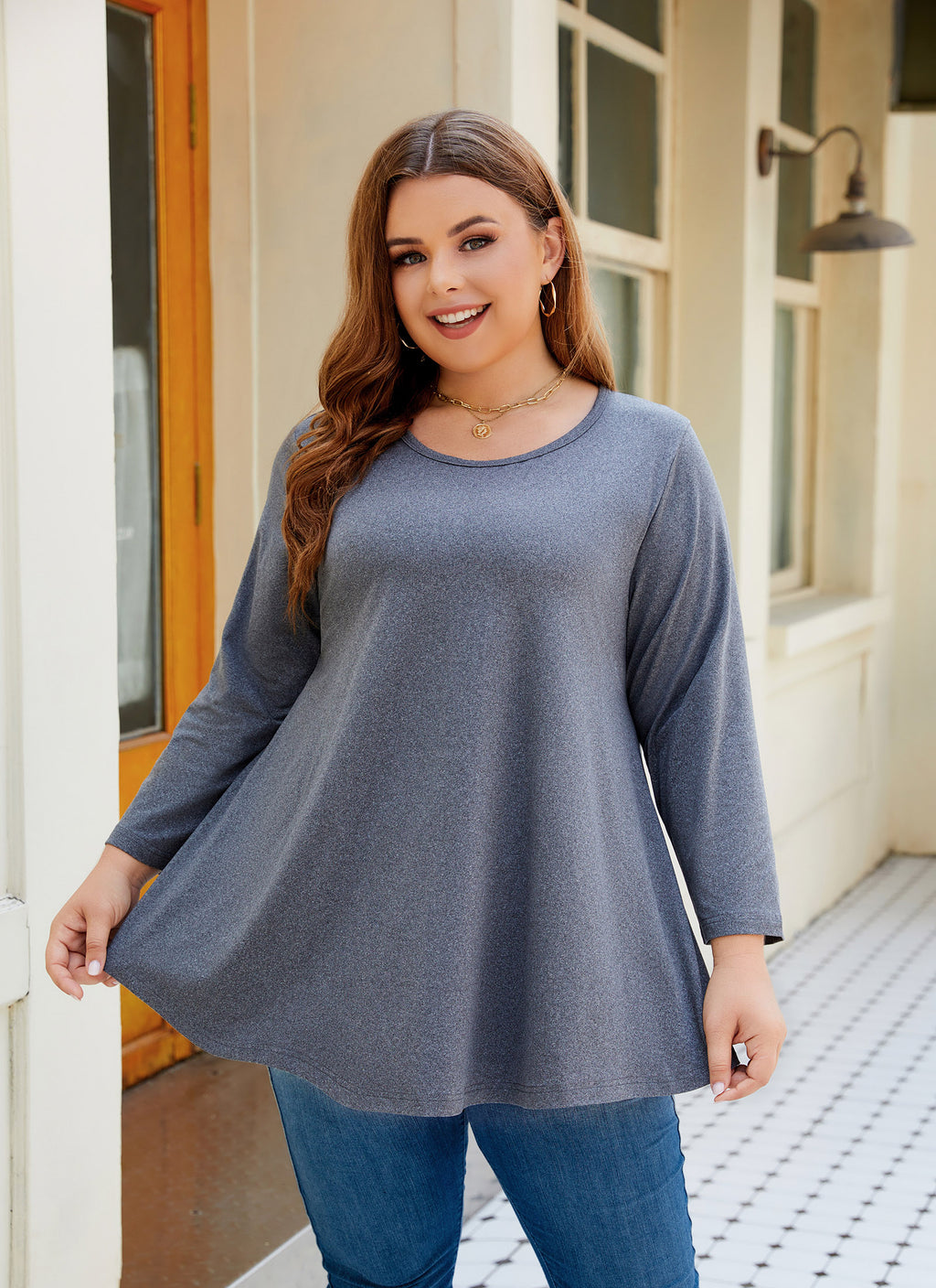 Womens Tunic Tops 3/4 Sleeve Plus Size Crew Neck Swing Flare Loose Fit T-Shirt Blouses to Wear with Leggings