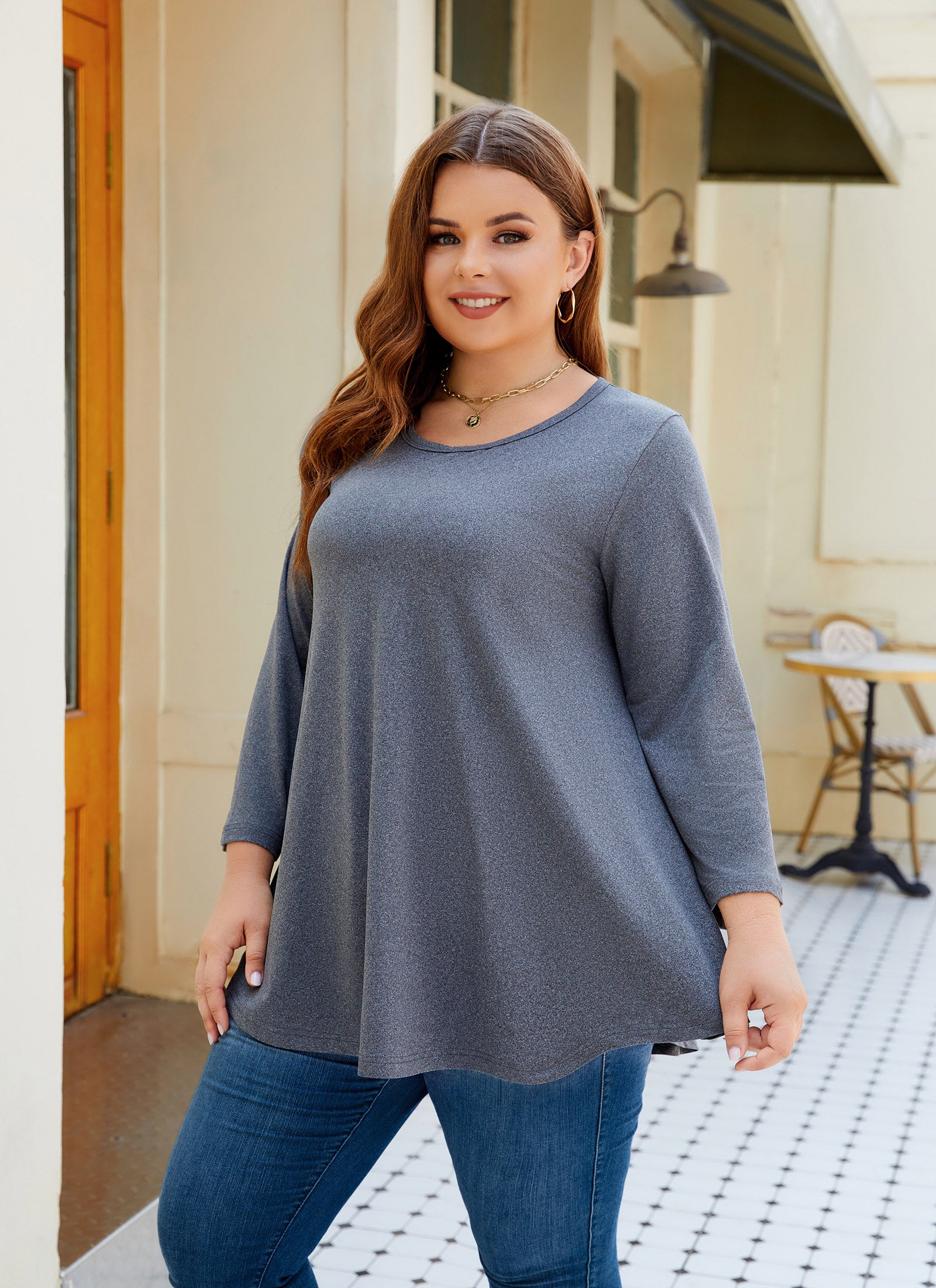 Womens Tunic Tops 3/4 Sleeve Plus Size Crew Neck Swing Flare Loose Fit T-Shirt Blouses to Wear with Leggings