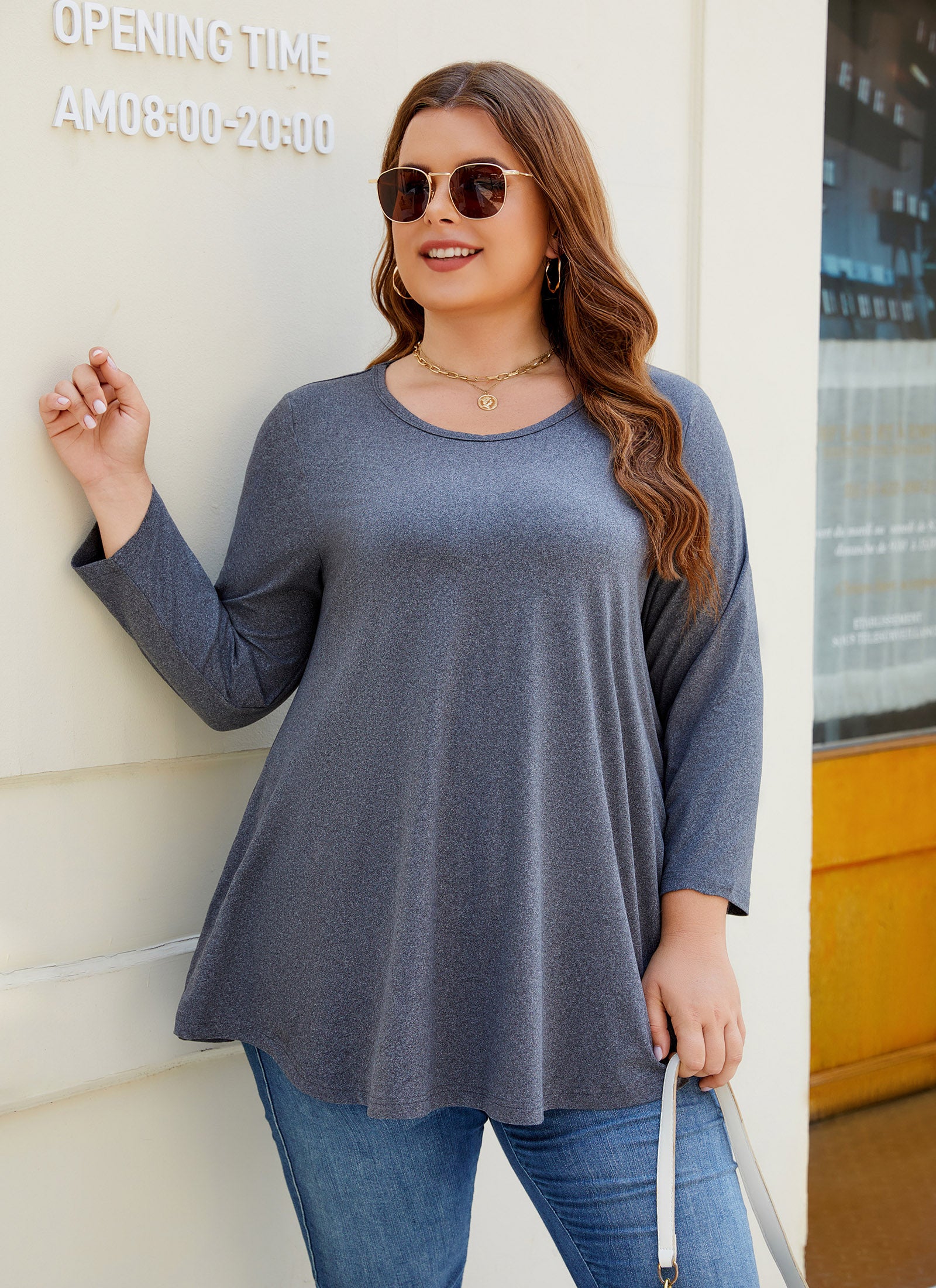 Womens Tunic Tops 3/4 Sleeve Plus Size Crew Neck Swing Flare Loose Fit T-Shirt Blouses to Wear with Leggings
