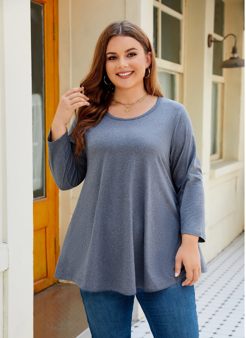 Womens Tunic Tops 3/4 Sleeve Plus Size Crew Neck Swing Flare Loose Fit T-Shirt Blouses to Wear with Leggings