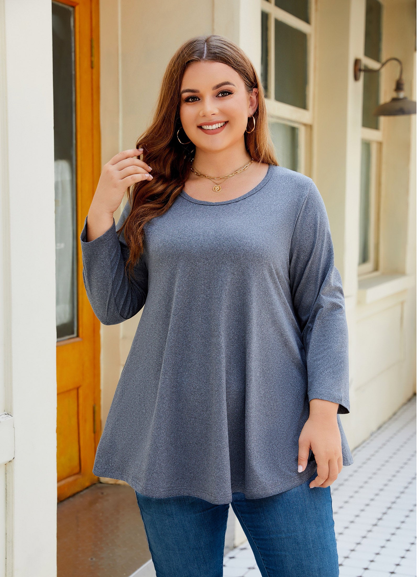 Womens Tunic Tops 3/4 Sleeve Plus Size Crew Neck Swing Flare Loose Fit T-Shirt Blouses to Wear with Leggings
