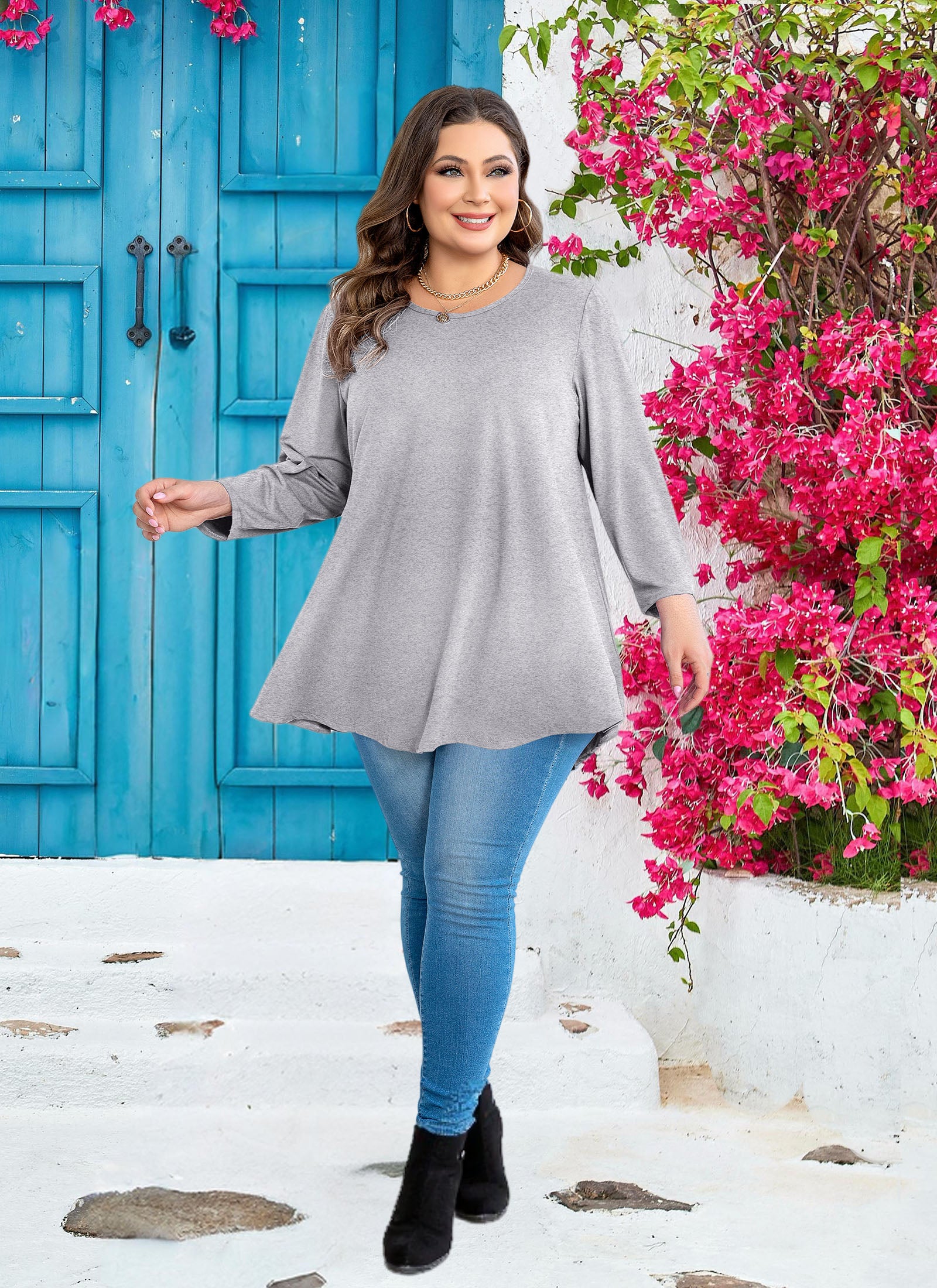 Tunic Tops for Women Plus Size 3/4 Sleeve Crew Neck Swing Flare Loose T-Shirt Blouses to Wear with Leggings