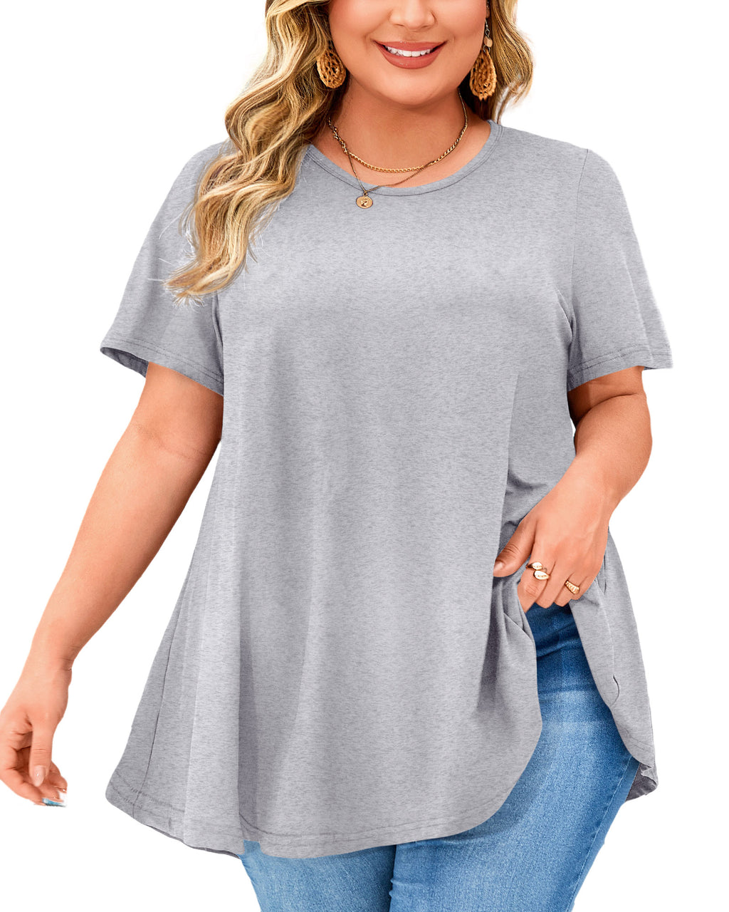 Tunic Tops for Women Plus Size Short Sleeve Crew Neck Swing Flare Loose T-Shirt Blouses to Wear with Leggings
