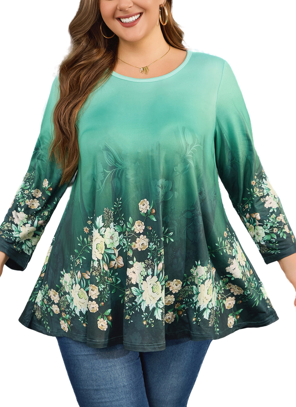 Womens Tunic 3/4 Sleeve Plus Size Tops Crew Neck Swing Flowy Loose Fit T-Shirt Blouses to Wear with Leggings