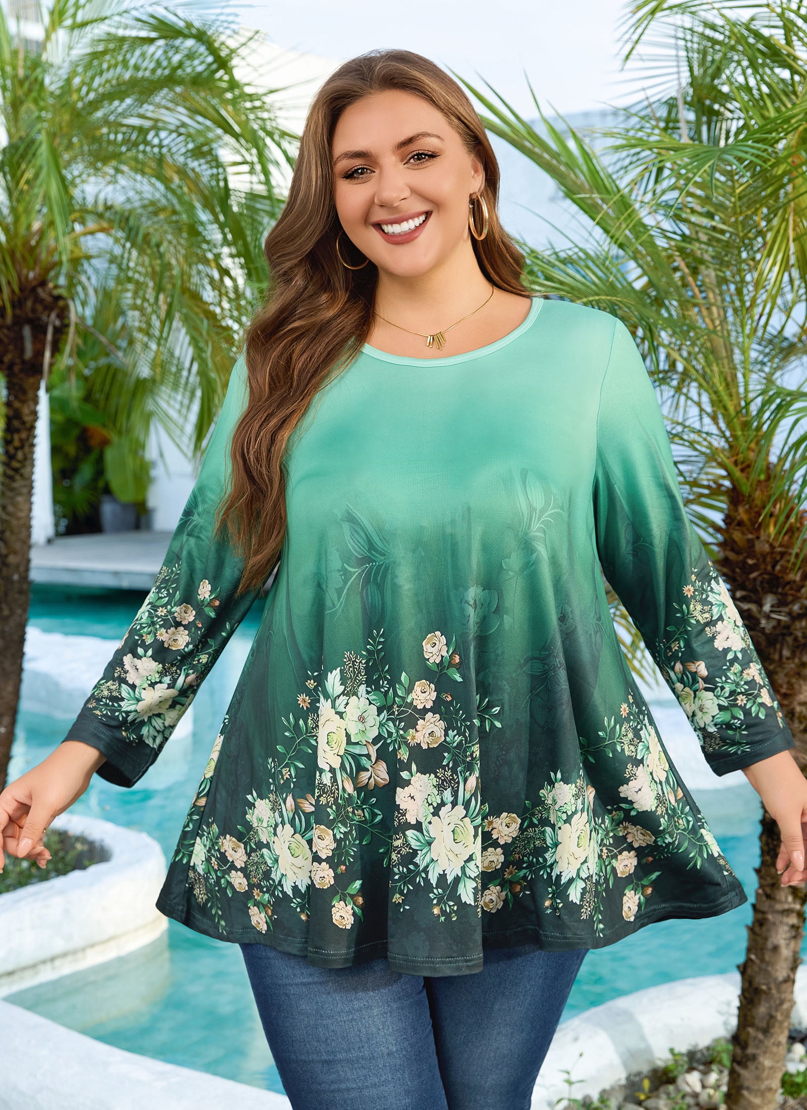 Womens Tunic 3/4 Sleeve Plus Size Tops Crew Neck Swing Flowy Loose Fit T-Shirt Blouses to Wear with Leggings