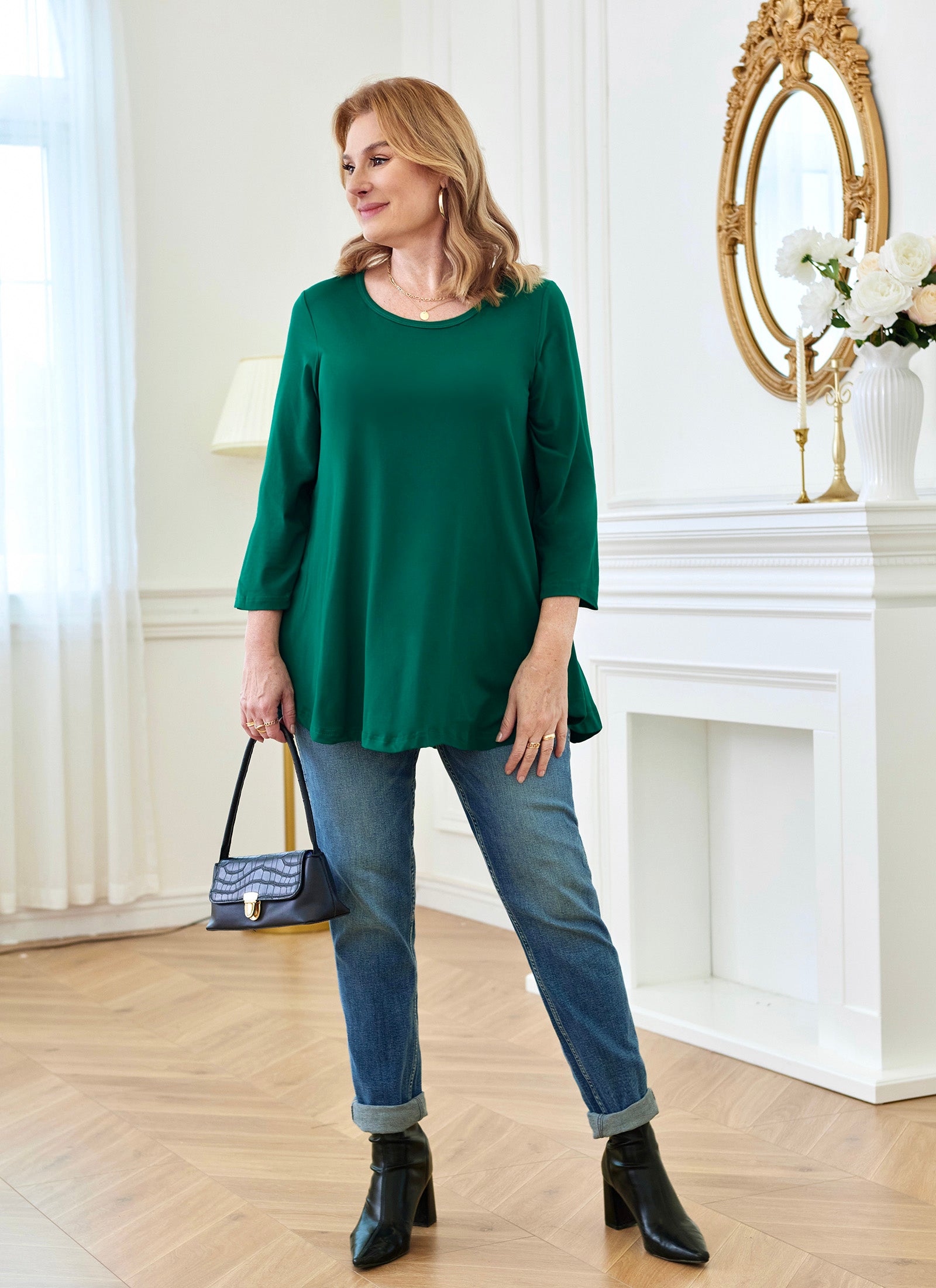 Tunic Tops for Women Plus Size 3/4 Sleeve Crew Neck Swing Flare Loose T-Shirt Blouses to Wear with Leggings