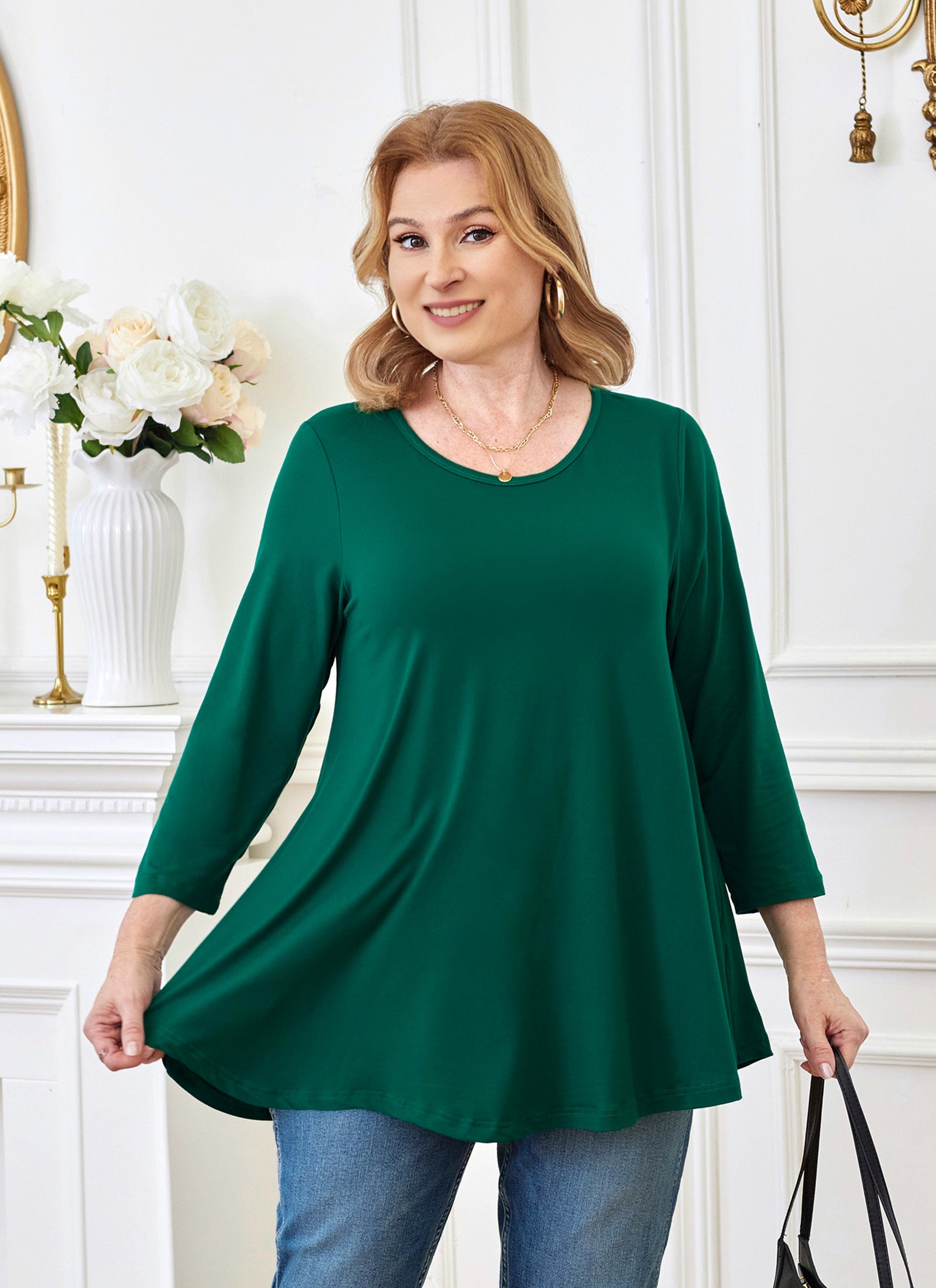 Tunic Tops for Women Plus Size 3/4 Sleeve Crew Neck Swing Flare Loose T-Shirt Blouses to Wear with Leggings