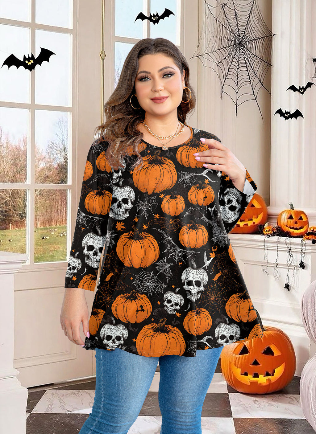 Womens Tunic 3/4 Sleeve Plus Size Tops Crew Neck Swing Flowy Loose Fit T-Shirt Blouses to Wear with Leggings