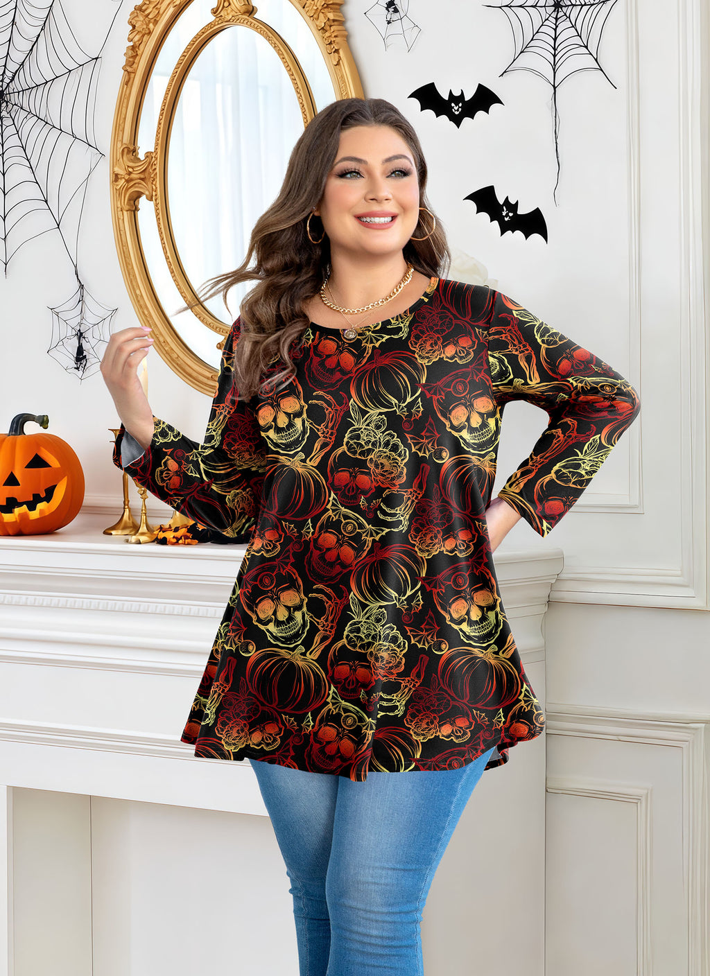 Womens Tunic 3/4 Sleeve Plus Size Tops Crew Neck Swing Flowy Loose Fit T-Shirt Blouses to Wear with Leggings