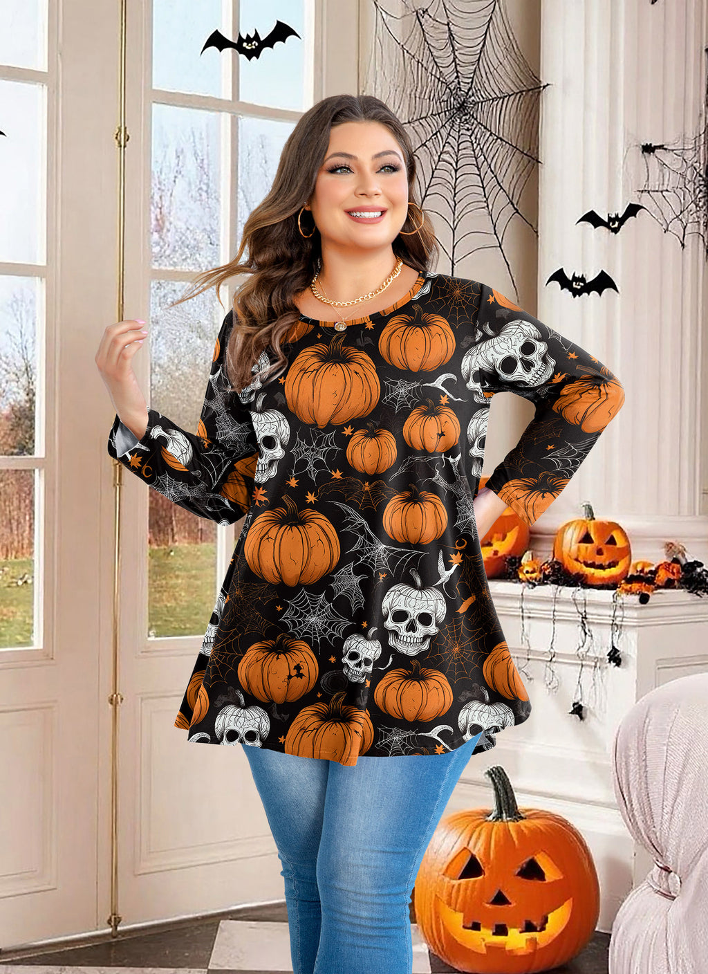 Womens Tunic 3/4 Sleeve Plus Size Tops Crew Neck Swing Flowy Loose Fit T-Shirt Blouses to Wear with Leggings
