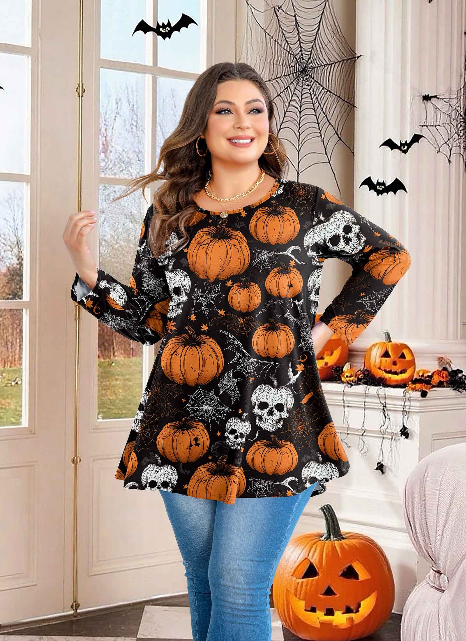Womens Tunic 3/4 Sleeve Plus Size Tops Crew Neck Swing Flowy Loose Fit T-Shirt Blouses to Wear with Leggings