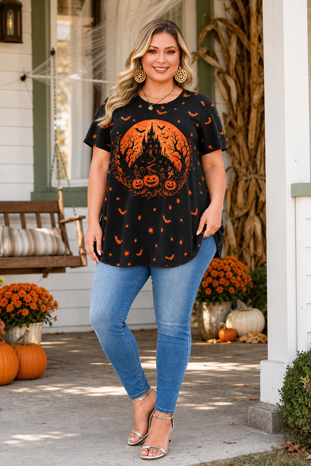 Black & Orange Halloween Tunic Top for Women – Flowy Swing Blouse, Plus Size
