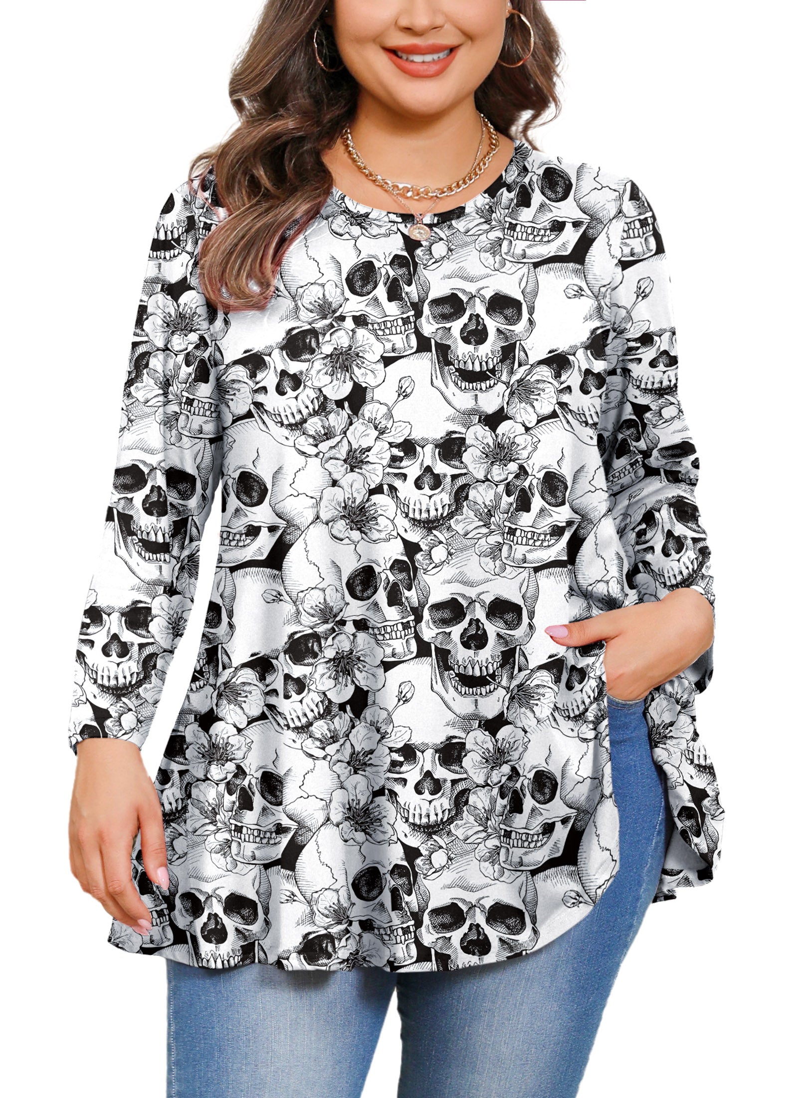 Womens Tunic Tops 3/4 Sleeve Plus Size Crew Neck Swing Flare Loose Fit T-Shirt Blouses to Wear with Leggings