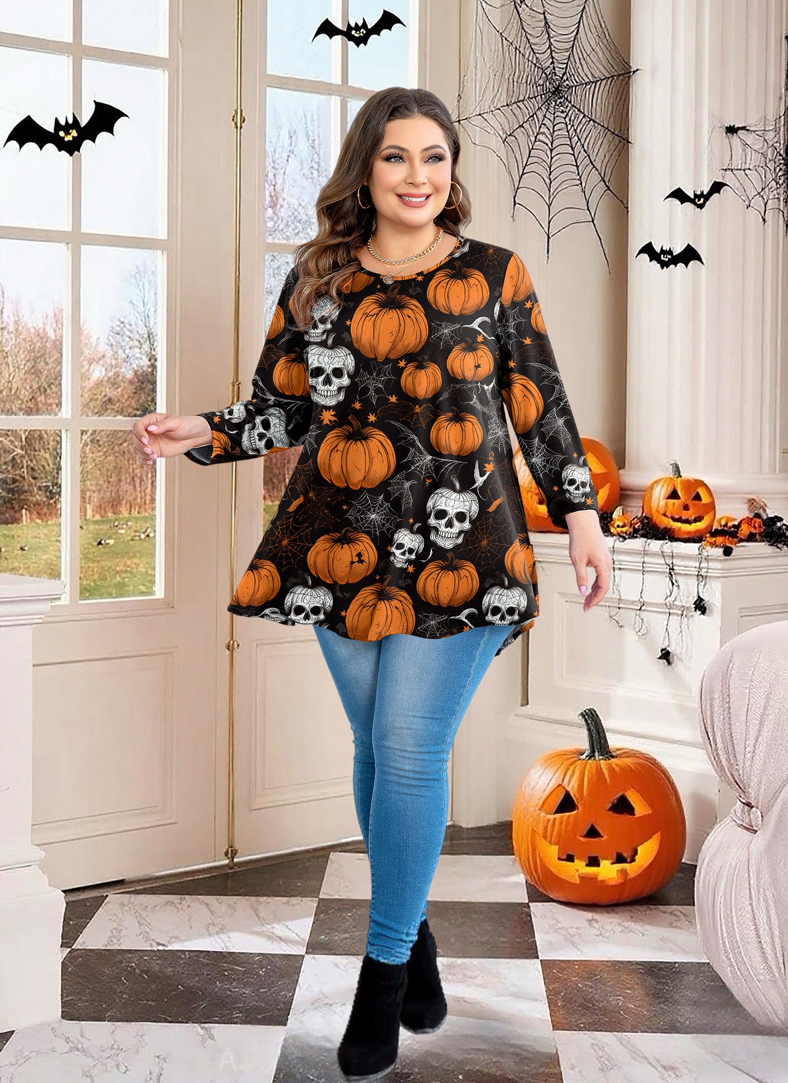 Womens Tunic 3/4 Sleeve Plus Size Tops Crew Neck Swing Flowy Loose Fit T-Shirt Blouses to Wear with Leggings