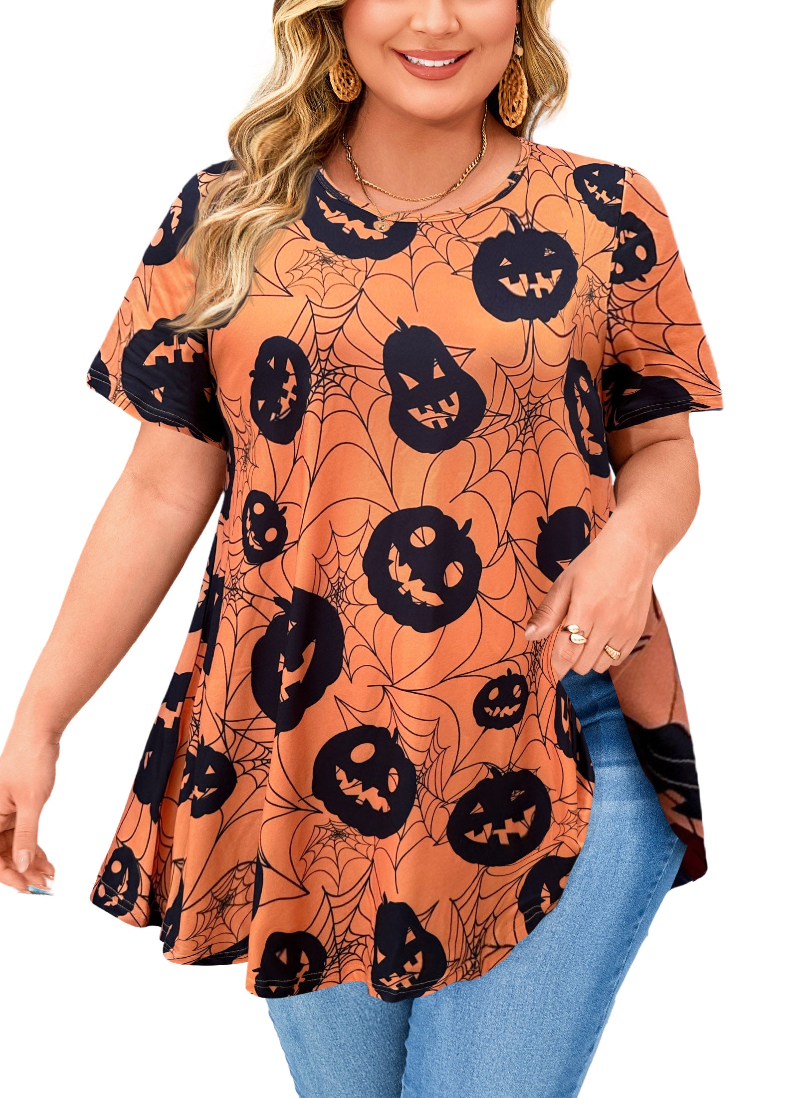 Tunic Tops for Women Plus Size Short Sleeve Crew Neck Swing Flare Loose T-Shirt Blouses to Wear with Leggings