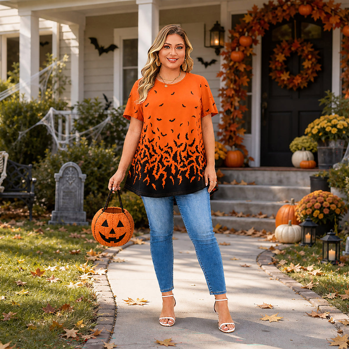 Tunic Tops for Women Plus Size Short Sleeve Crew Neck Swing Flare Loose T-Shirt Blouses to Wear with Leggings