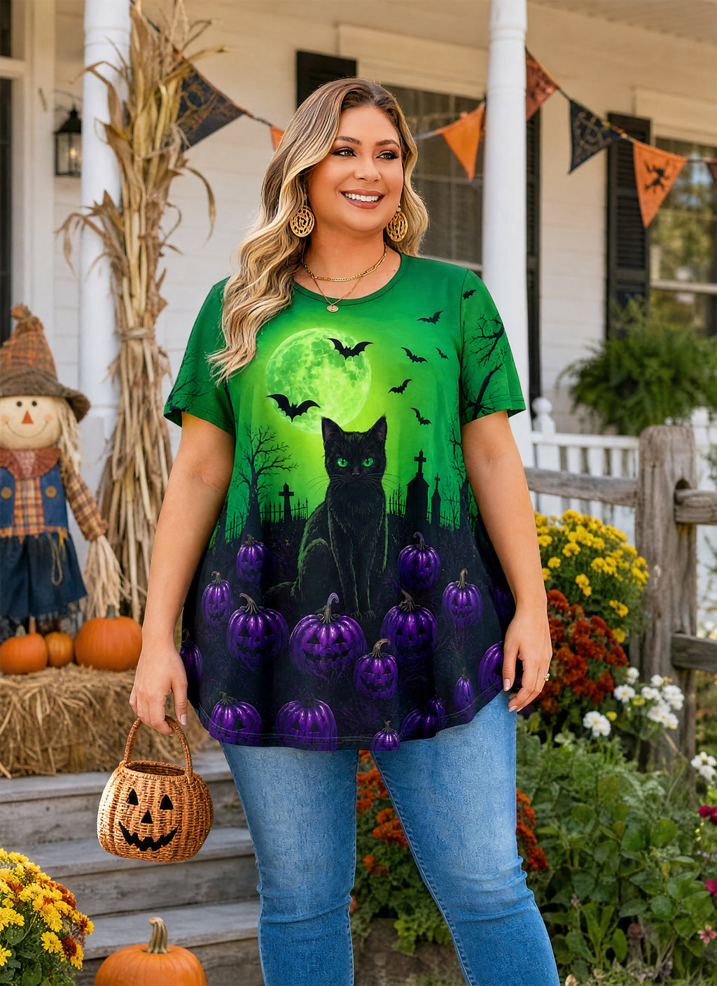 Green Halloween Tunic Top for Women – Flowy Swing Blouse, Plus Size