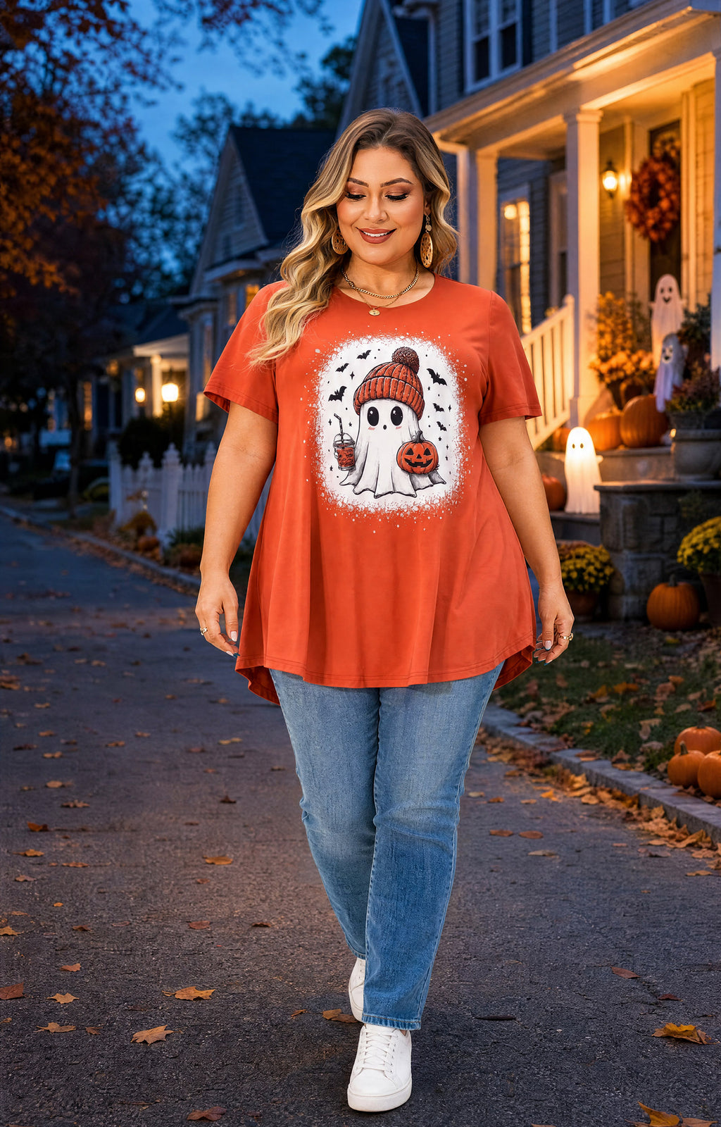 Orange Halloween Tunic Top for Women – Flowy Swing Blouse, Plus Size