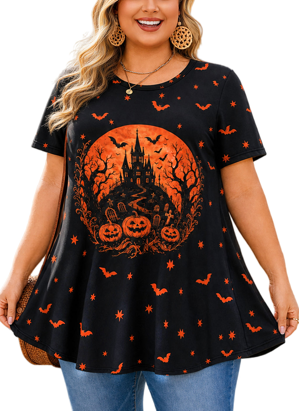 Black & Orange Halloween Tunic Top for Women – Flowy Swing Blouse, Plus Size