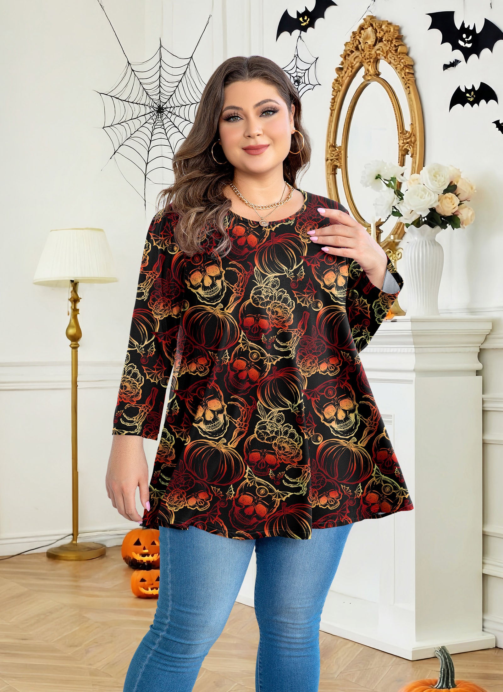 Womens Tunic 3/4 Sleeve Plus Size Tops Crew Neck Swing Flowy Loose Fit T-Shirt Blouses to Wear with Leggings
