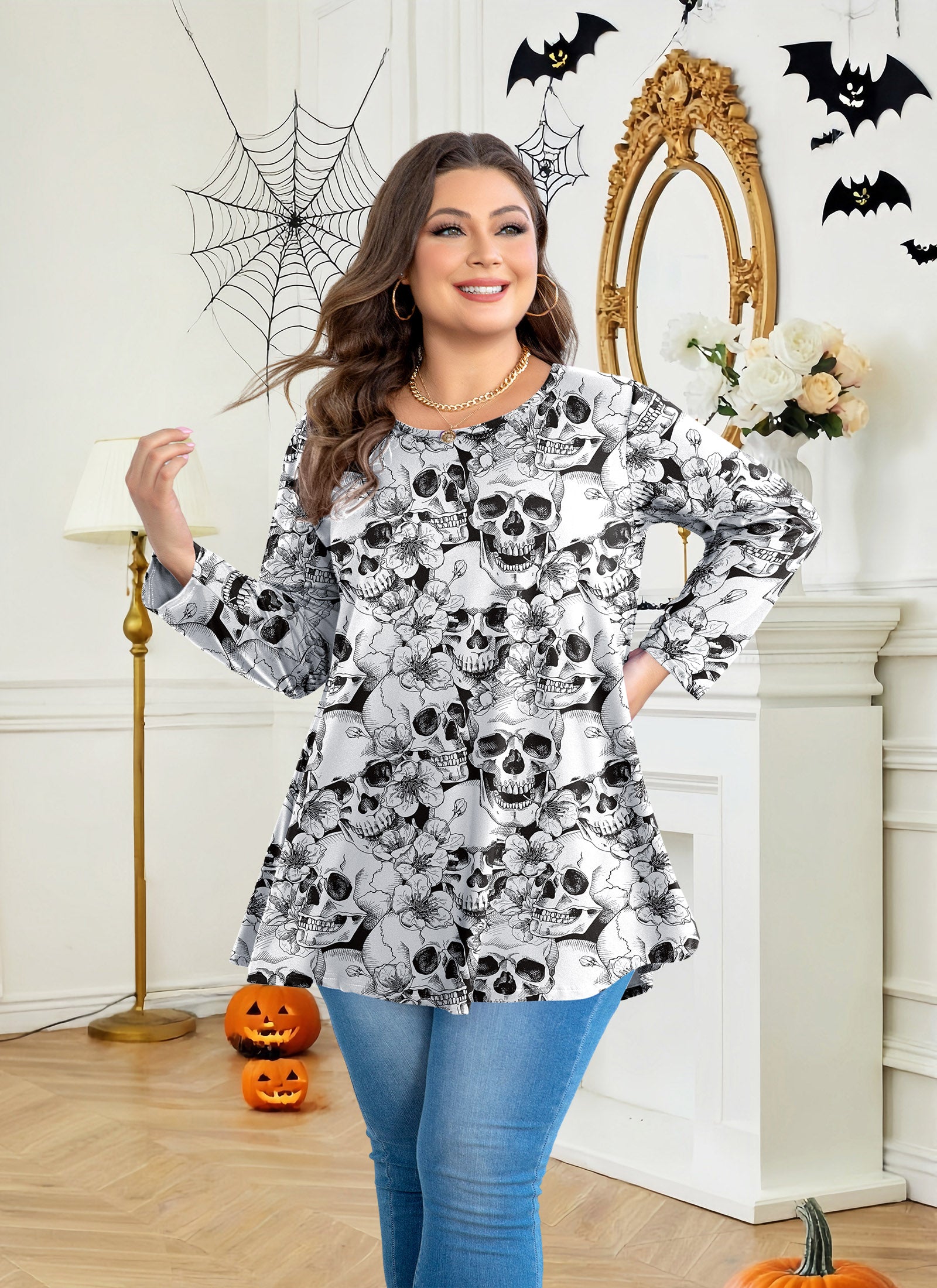 Womens Tunic Tops 3/4 Sleeve Plus Size Crew Neck Swing Flare Loose Fit T-Shirt Blouses to Wear with Leggings