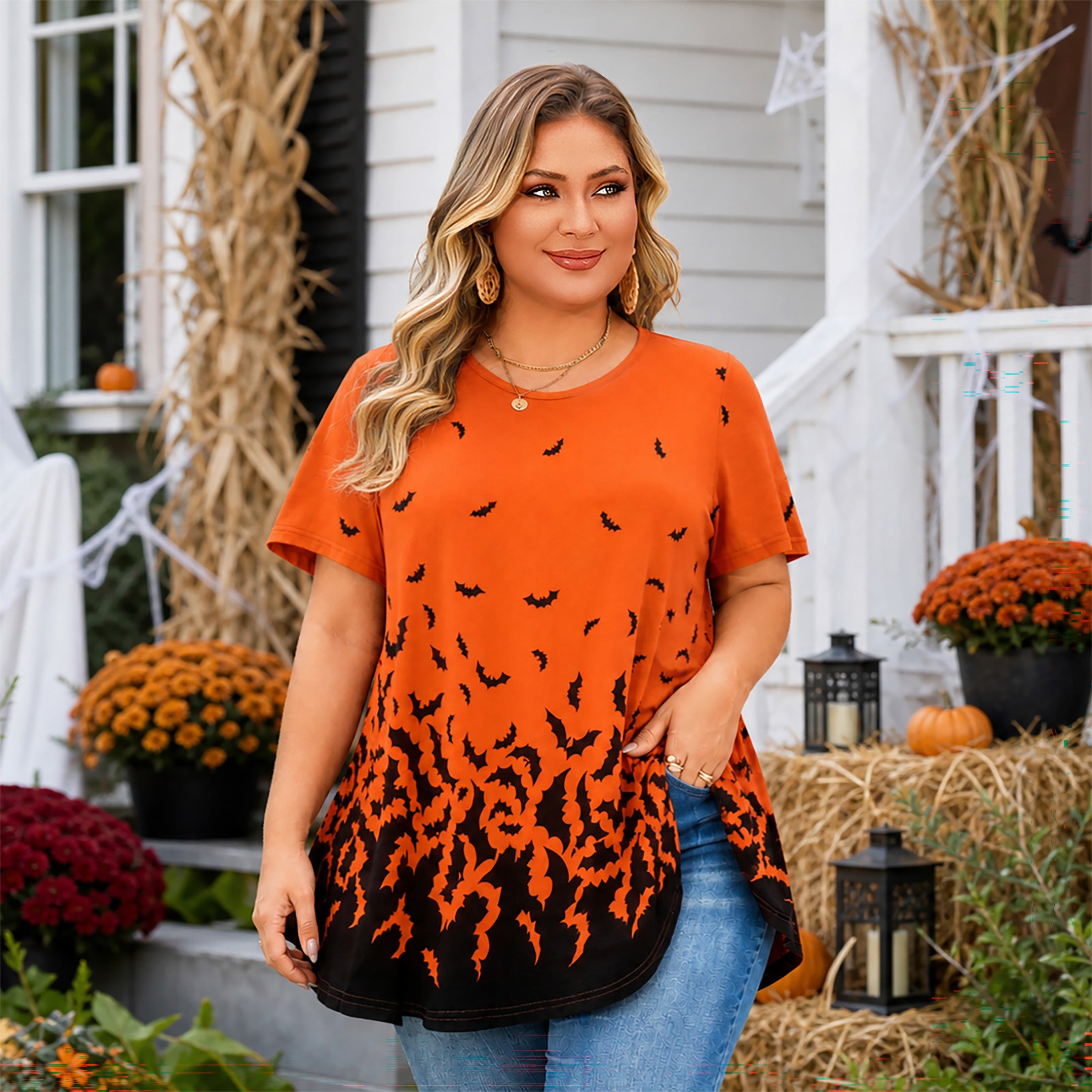 Tunic Tops for Women Plus Size Short Sleeve Crew Neck Swing Flare Loose T-Shirt Blouses to Wear with Leggings