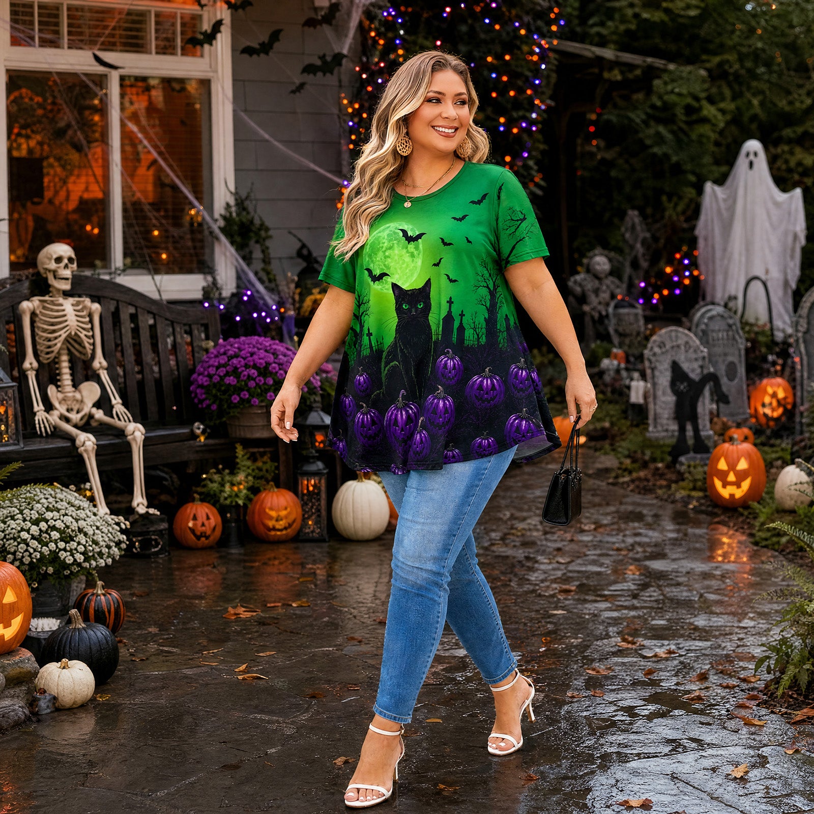 Green Halloween Tunic Top for Women – Flowy Swing Blouse, Plus Size