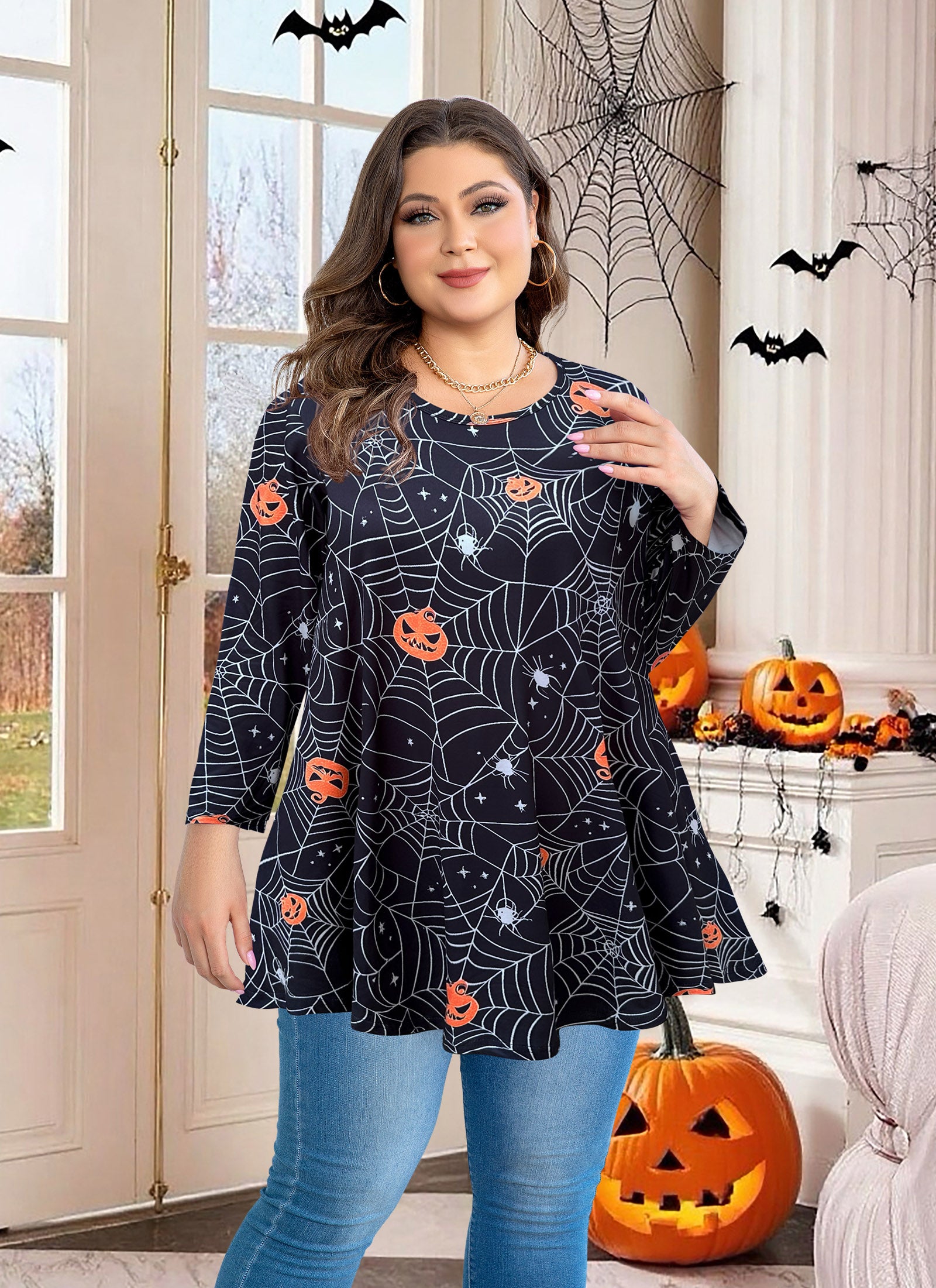 Womens Tunic 3/4 Sleeve Plus Size Tops Crew Neck Swing Flowy Loose Fit T-Shirt Blouses to Wear with Leggings