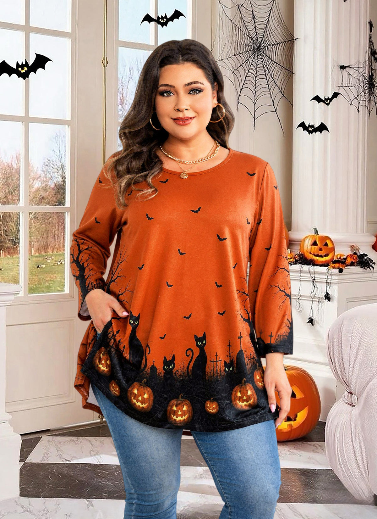 Womens Tunic Tops Plus Size 3/4 Sleeve Swing Flowy Blouses