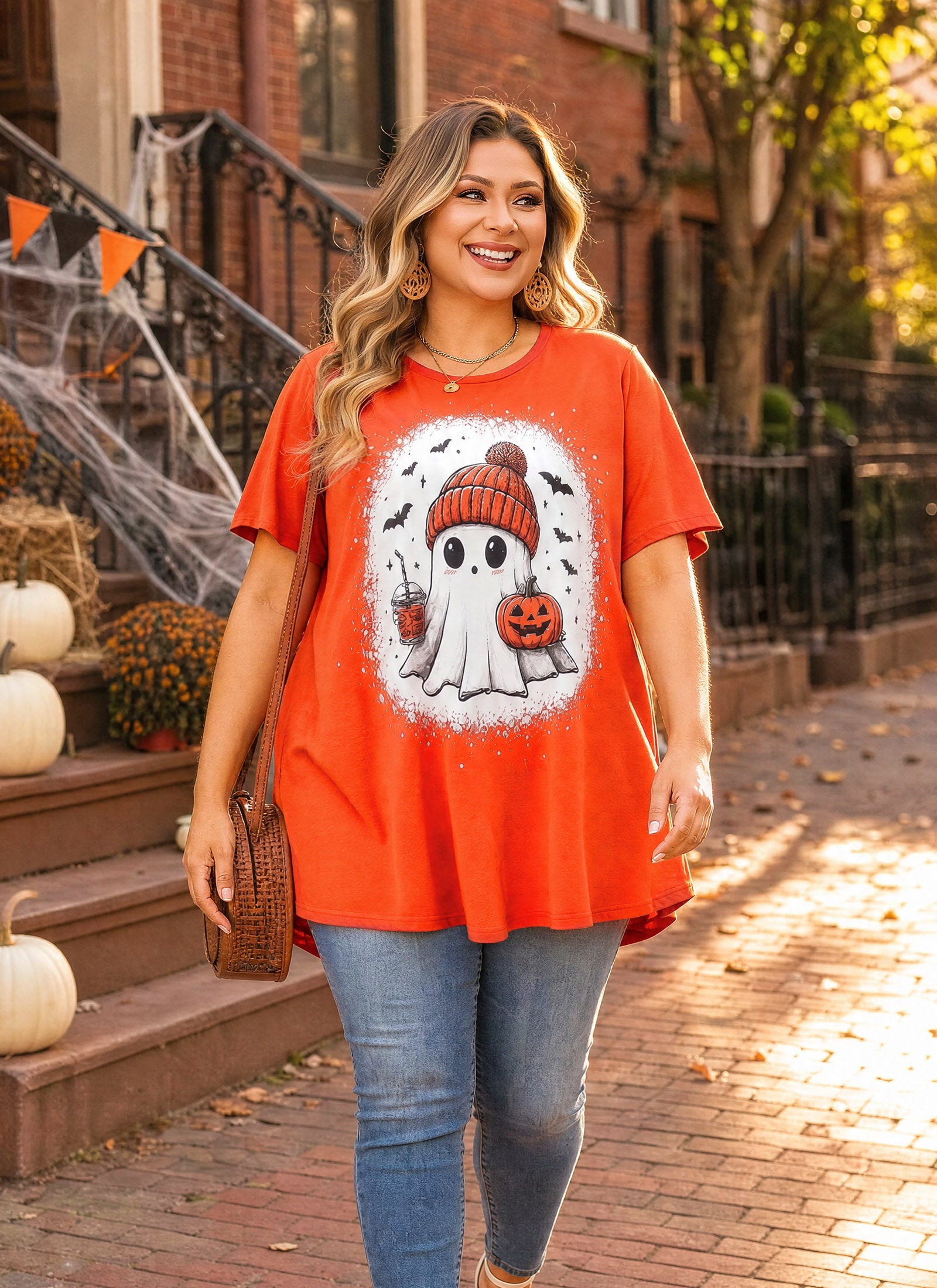 Orange Halloween Tunic Top for Women – Flowy Swing Blouse, Plus Size