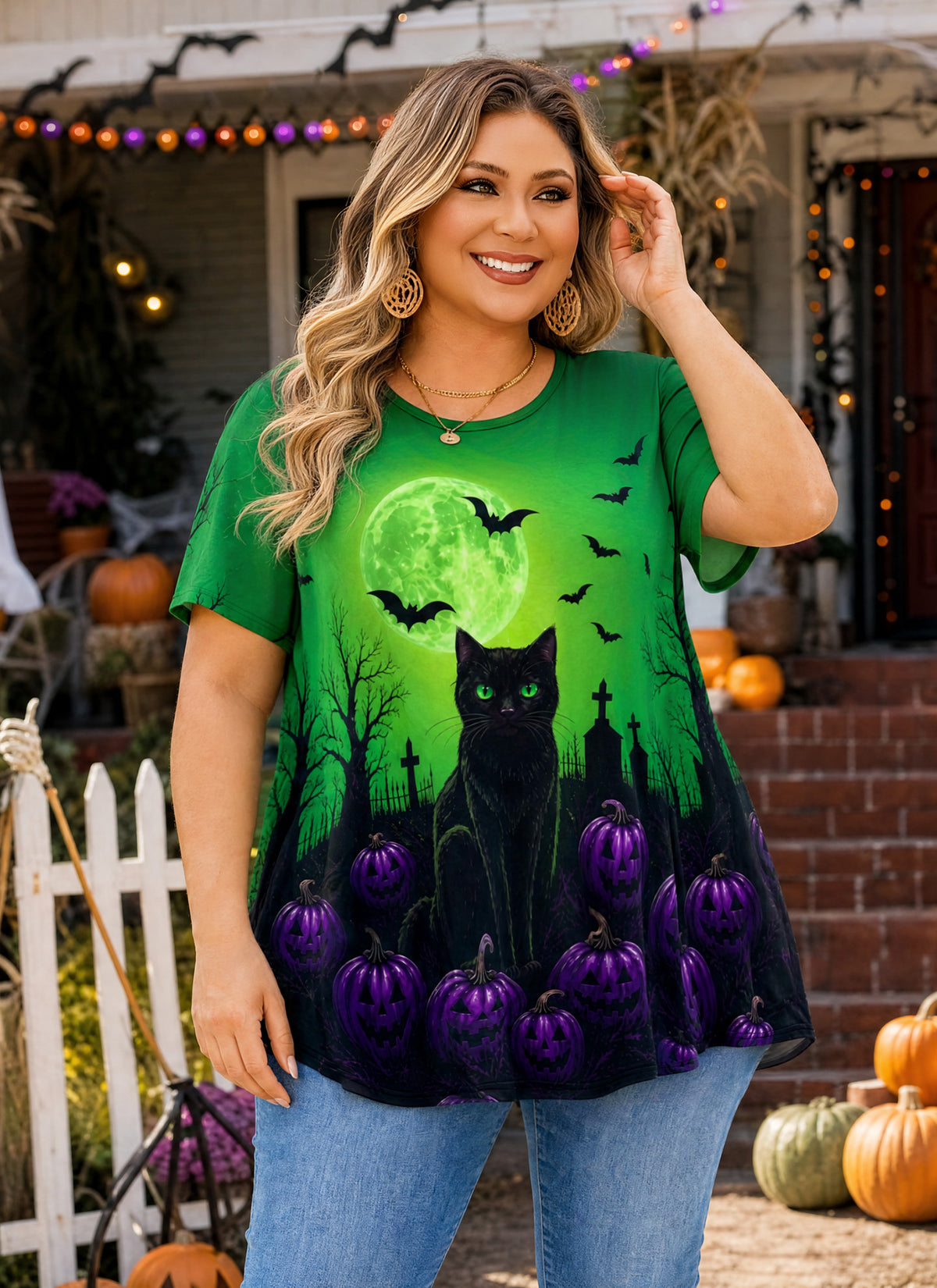 Green Halloween Tunic Top for Women – Flowy Swing Blouse, Plus Size