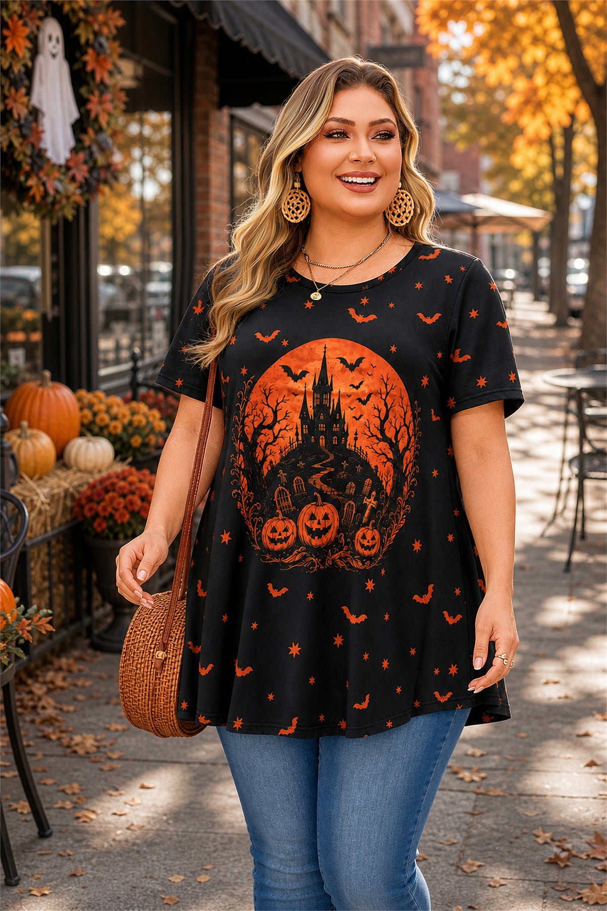 Black & Orange Halloween Tunic Top for Women – Flowy Swing Blouse, Plus Size