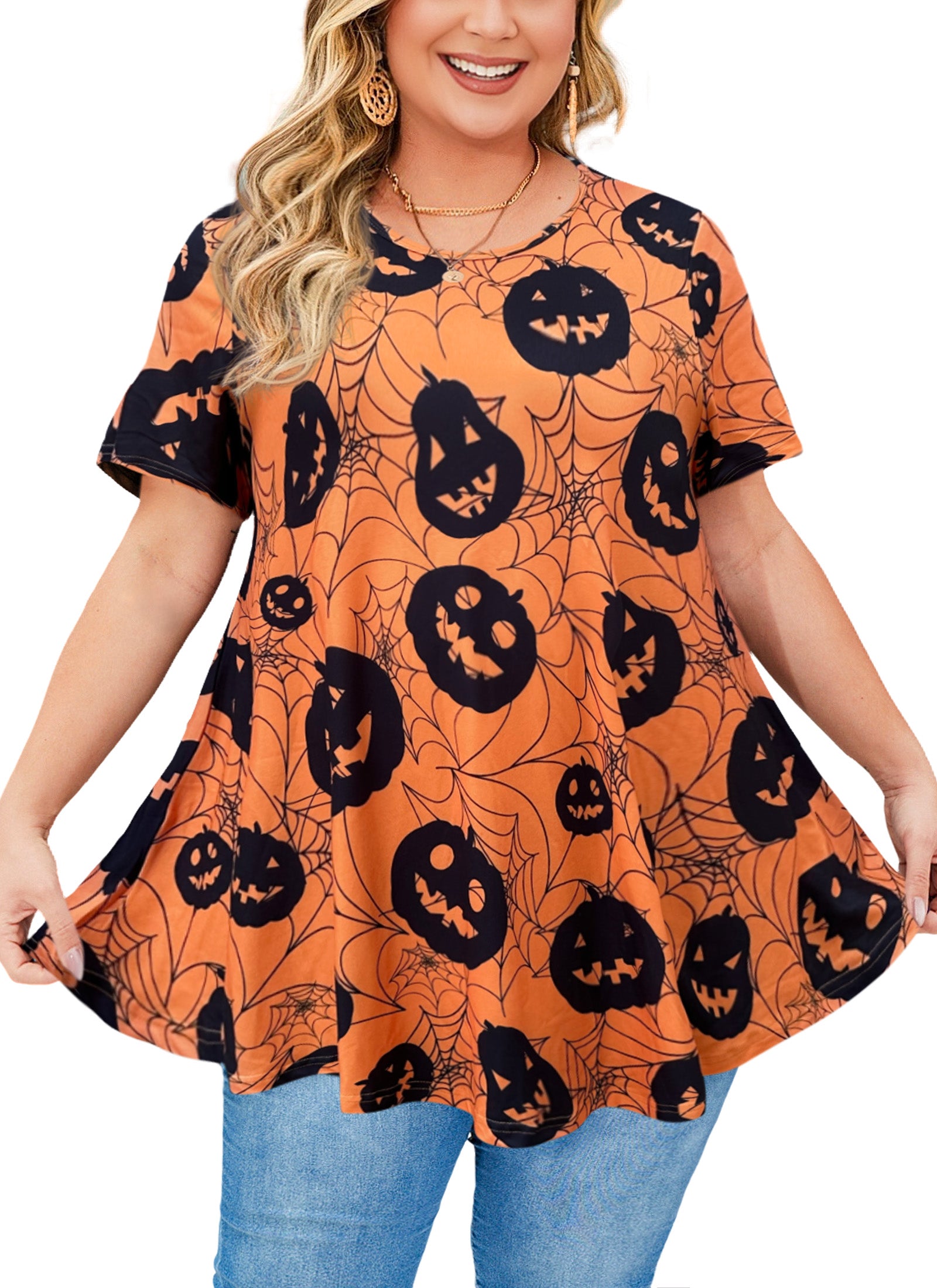 Tunic Tops for Women Plus Size Short Sleeve Crew Neck Swing Flare Loose T-Shirt Blouses to Wear with Leggings