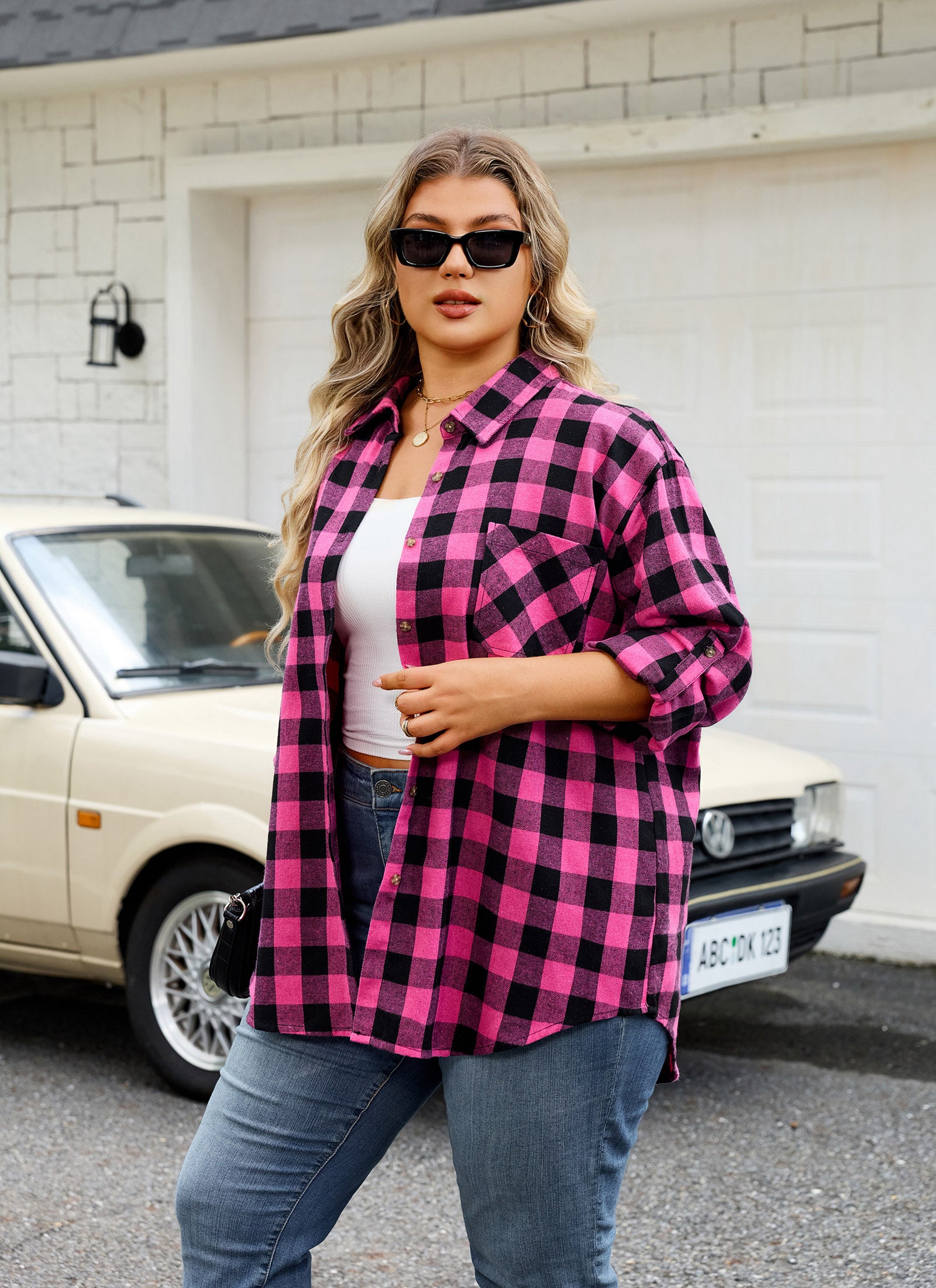 Womens Plus Size Flannel Shirts Long Sleeve Button Down Plaid Shirt Roll Up Oversize Checkered Blouse Top Fall
