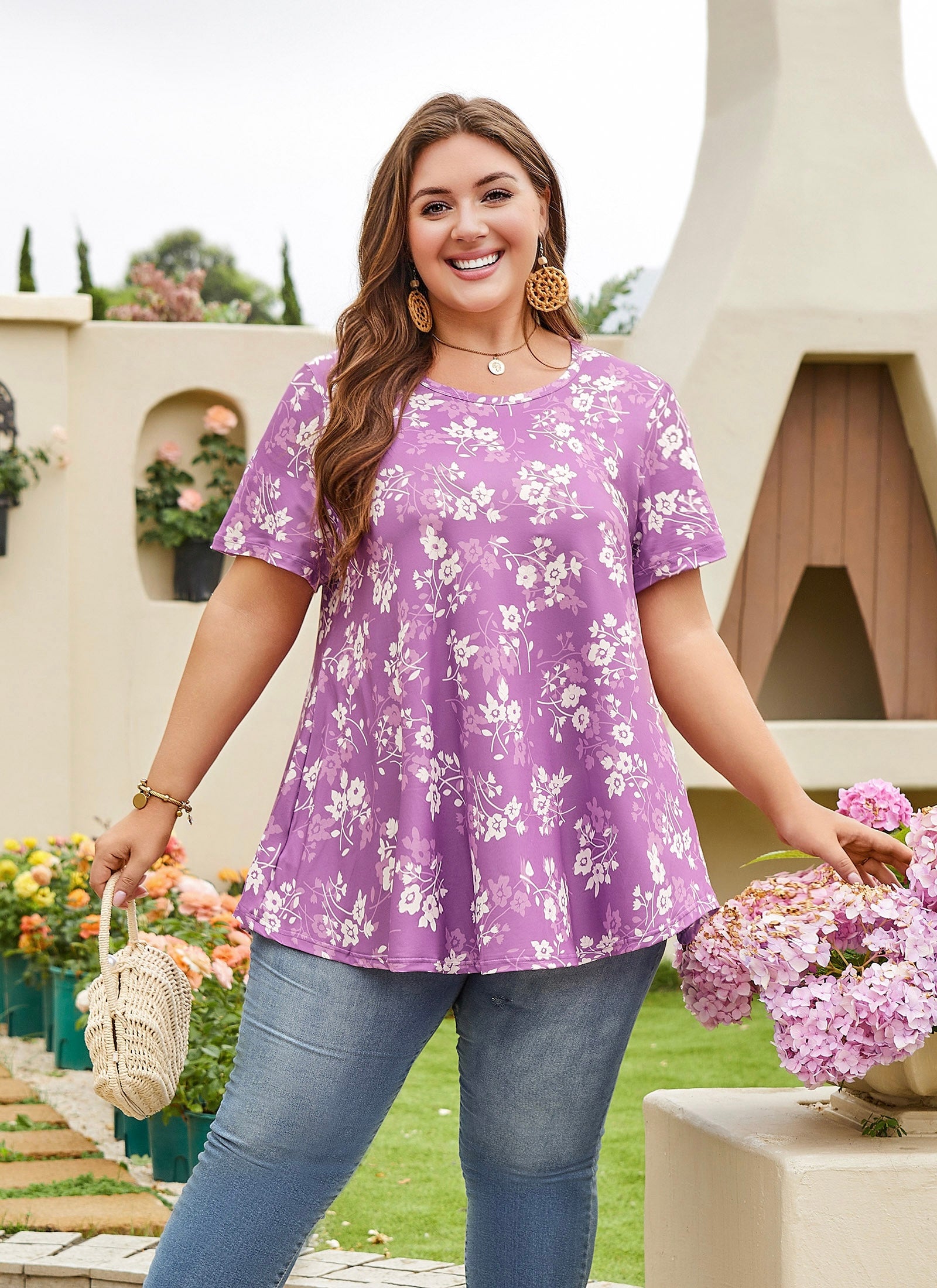 Womens Plus Size Tops Short Sleeve Swing Flare Flowy Tunic Loose Fit Summer Casual Blouses to Wear with Leggings