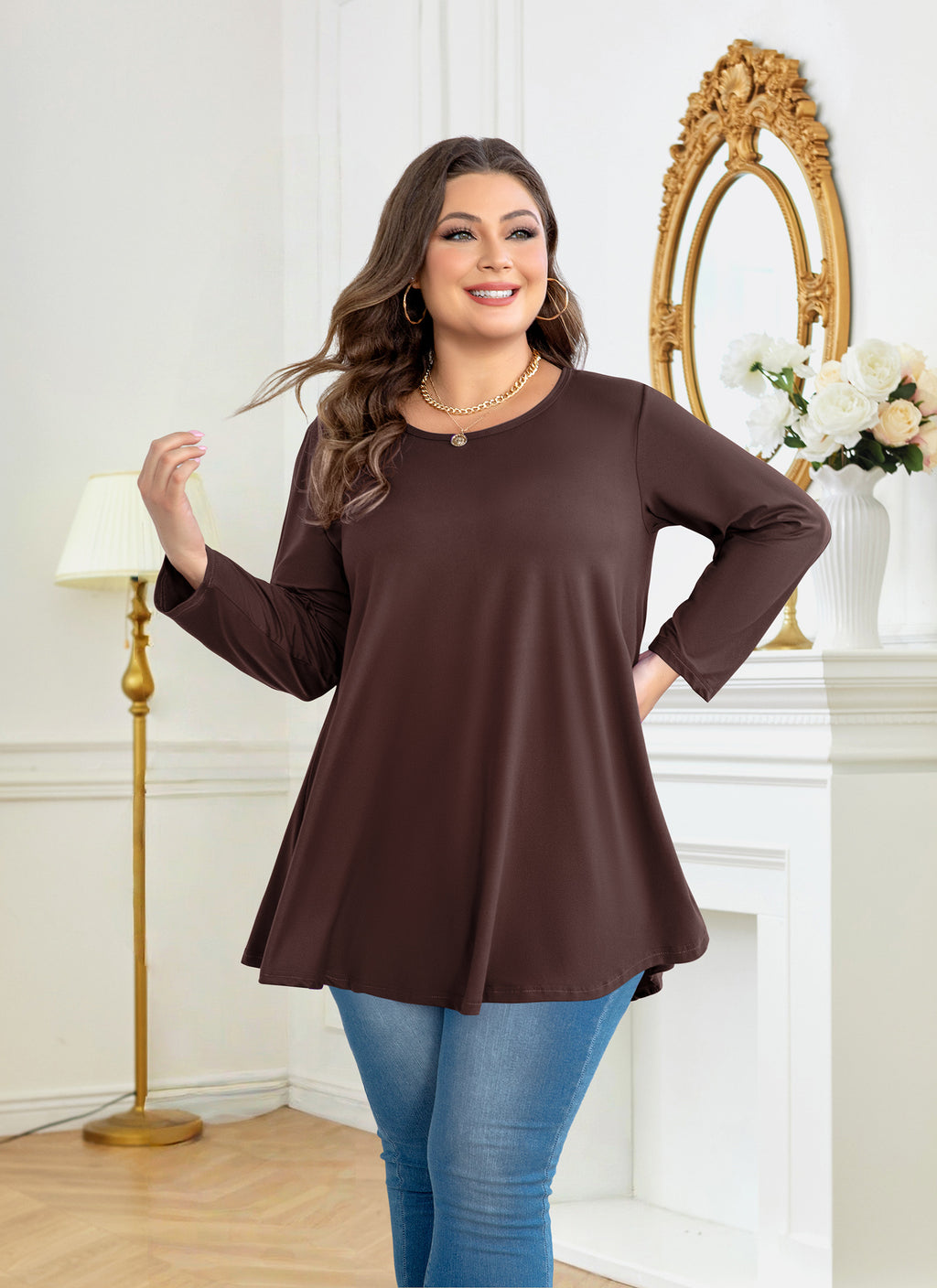 Womens Tunic Tops 3/4 Sleeve Plus Size Crew Neck Swing Flare Loose Fit T-Shirt Blouses to Wear with Leggings