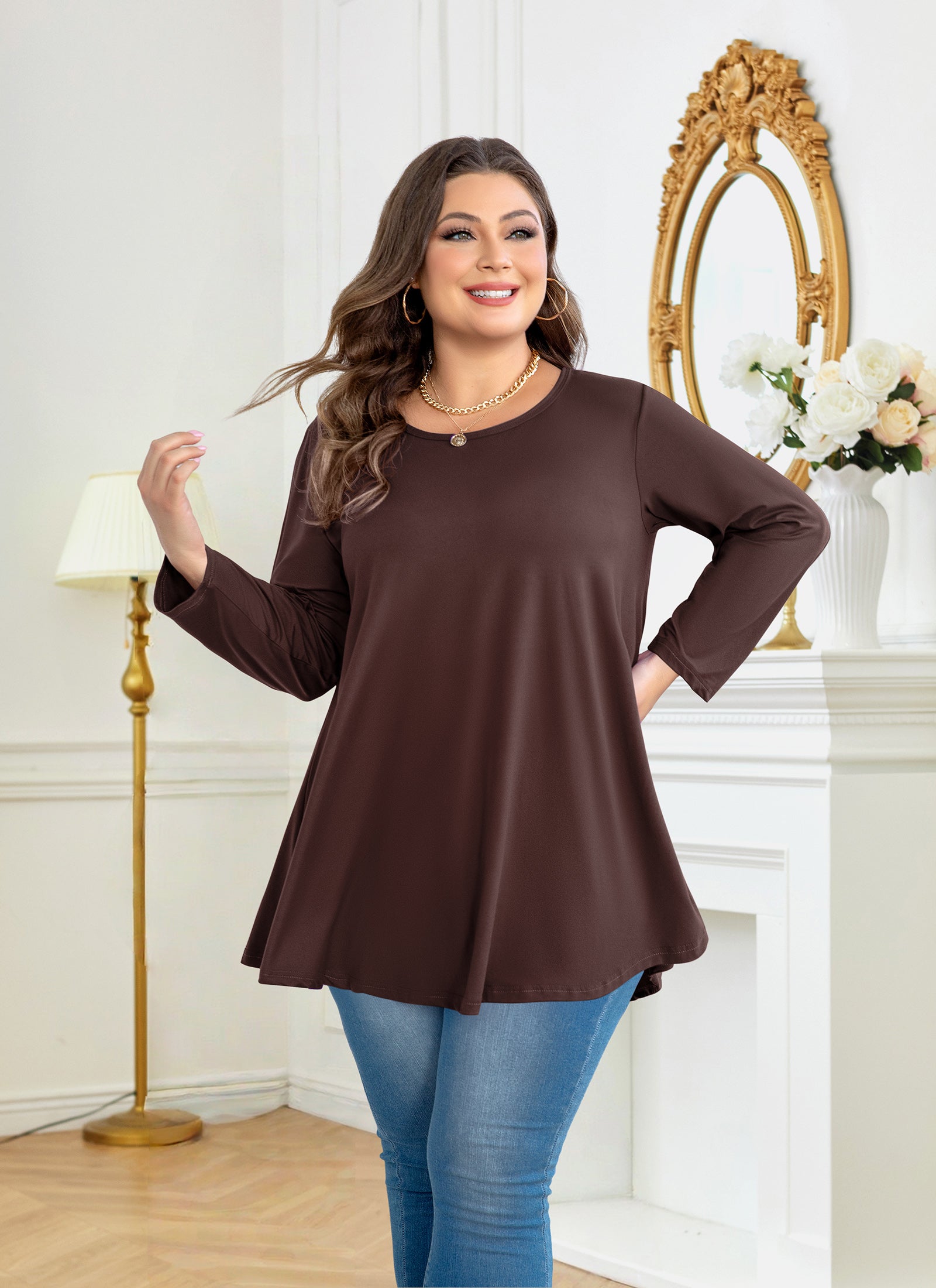 Womens Tunic Tops 3/4 Sleeve Plus Size Crew Neck Swing Flare Loose Fit T-Shirt Blouses to Wear with Leggings