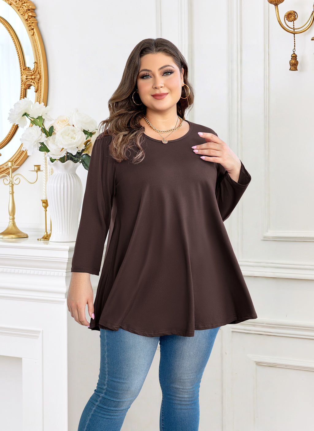 Womens Tunic Tops 3/4 Sleeve Plus Size Crew Neck Swing Flare Loose Fit T-Shirt Blouses to Wear with Leggings