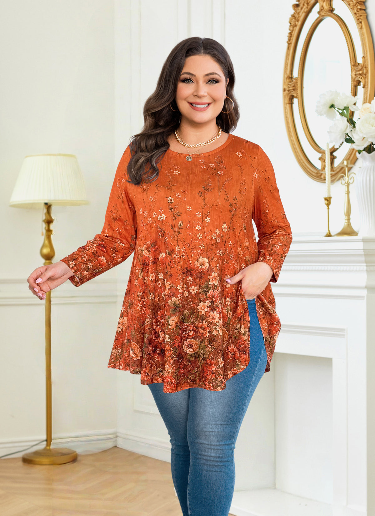 Women's Plus Size Swing Tunic Top | 3/4 Sleeve Flowy Blouse