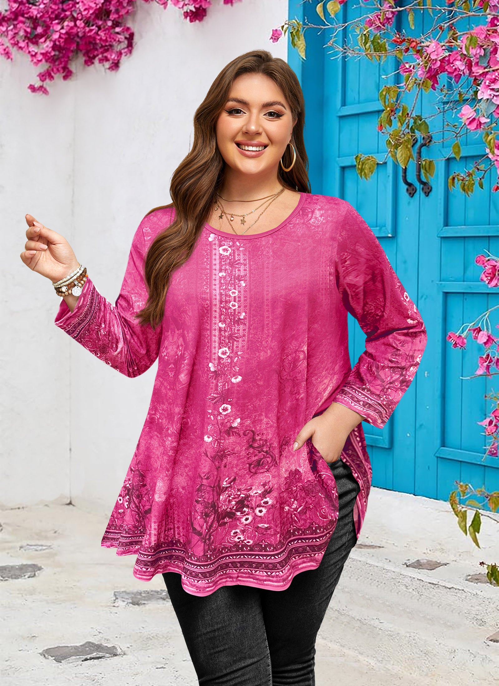 Womens Tunic 3/4 Sleeve Plus Size Tops Crew Neck Swing Flowy Loose Fit T-Shirt Blouses to Wear with Leggings