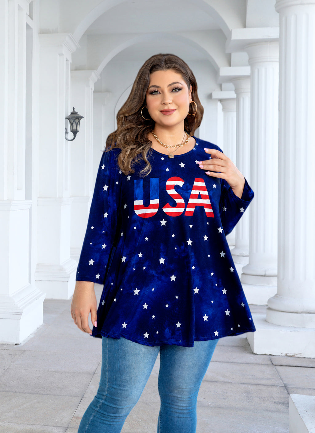 Womens Tunic Tops Plus Size 3/4 Sleeve Swing Flowy Blouses