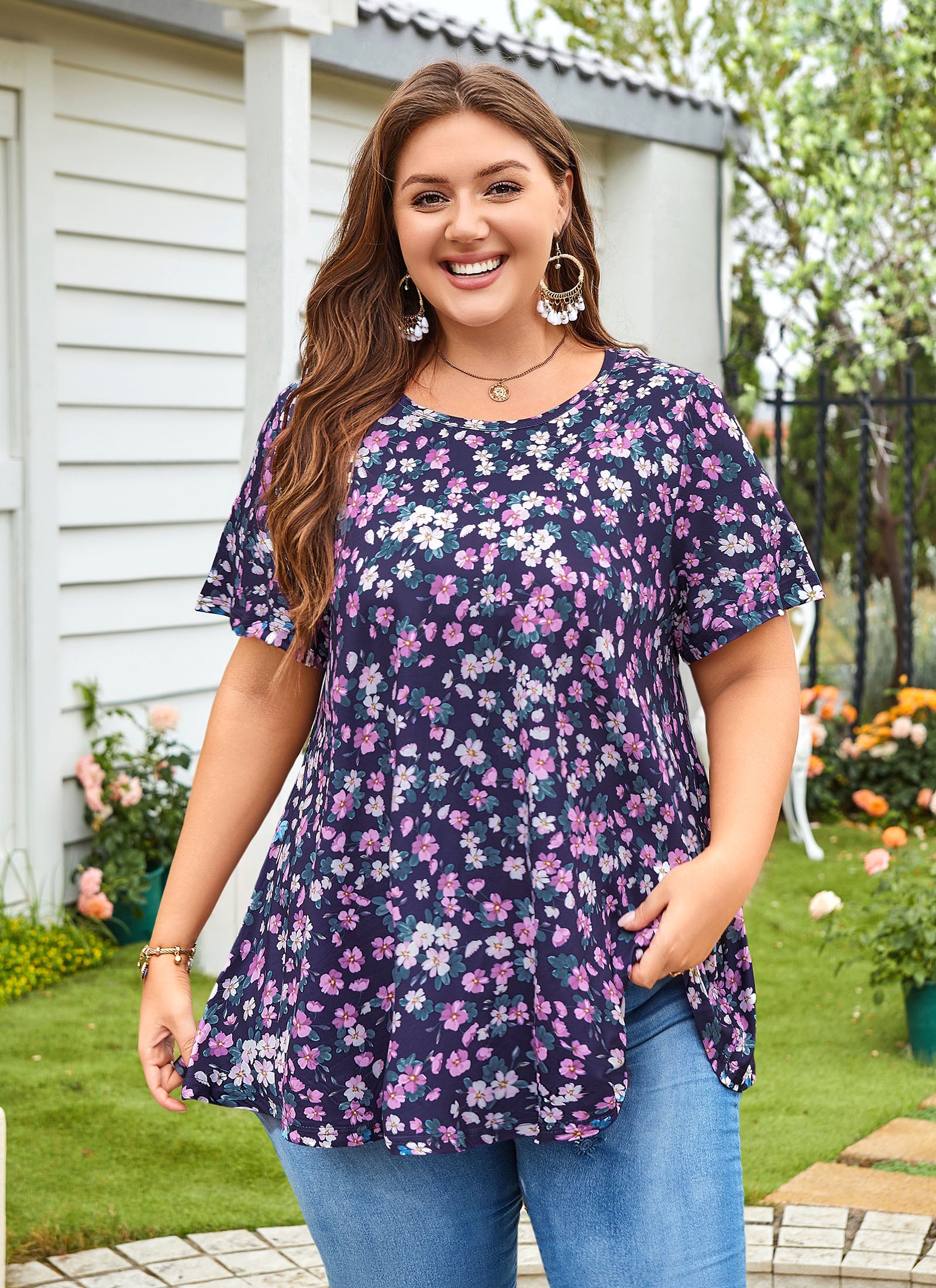 Tunic Tops for Women Plus Size Short Sleeve Crew Neck Swing Flare Loose T-Shirt Blouses to Wear with Leggings
