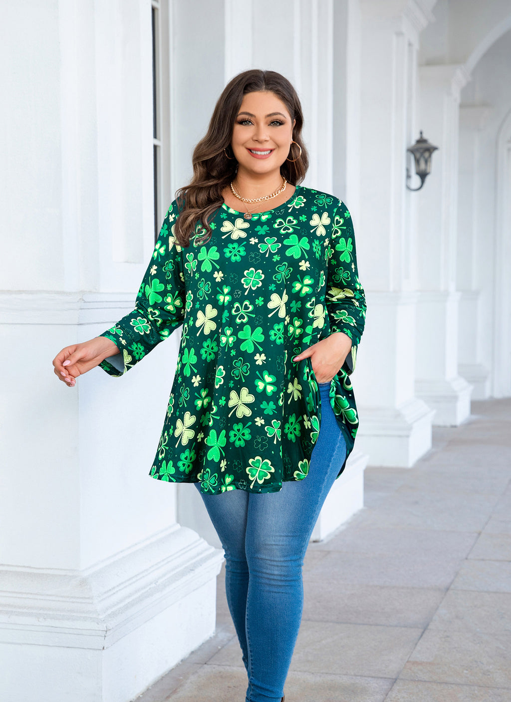 Womens Tunic Tops 3/4 Sleeve Plus Size Crew Neck Swing Flare Loose Fit T-Shirt Blouses to Wear with Leggings