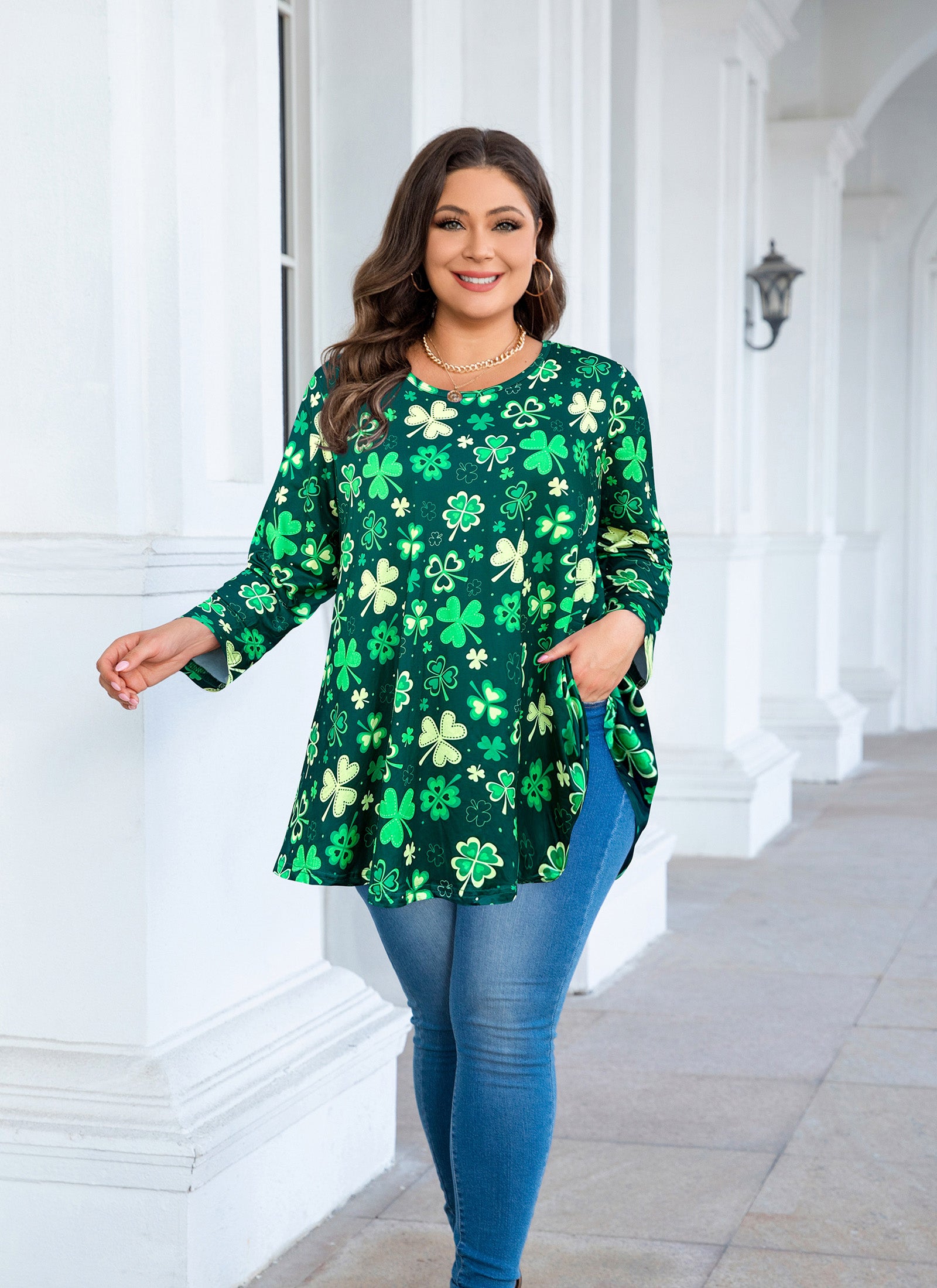 Womens Tunic Tops 3/4 Sleeve Plus Size Crew Neck Swing Flare Loose Fit T-Shirt Blouses to Wear with Leggings