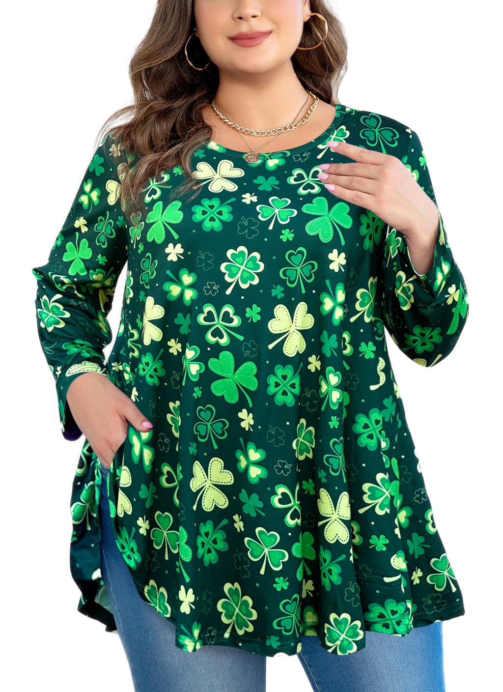 Womens Tunic Tops 3/4 Sleeve Plus Size Crew Neck Swing Flare Loose Fit T-Shirt Blouses to Wear with Leggings