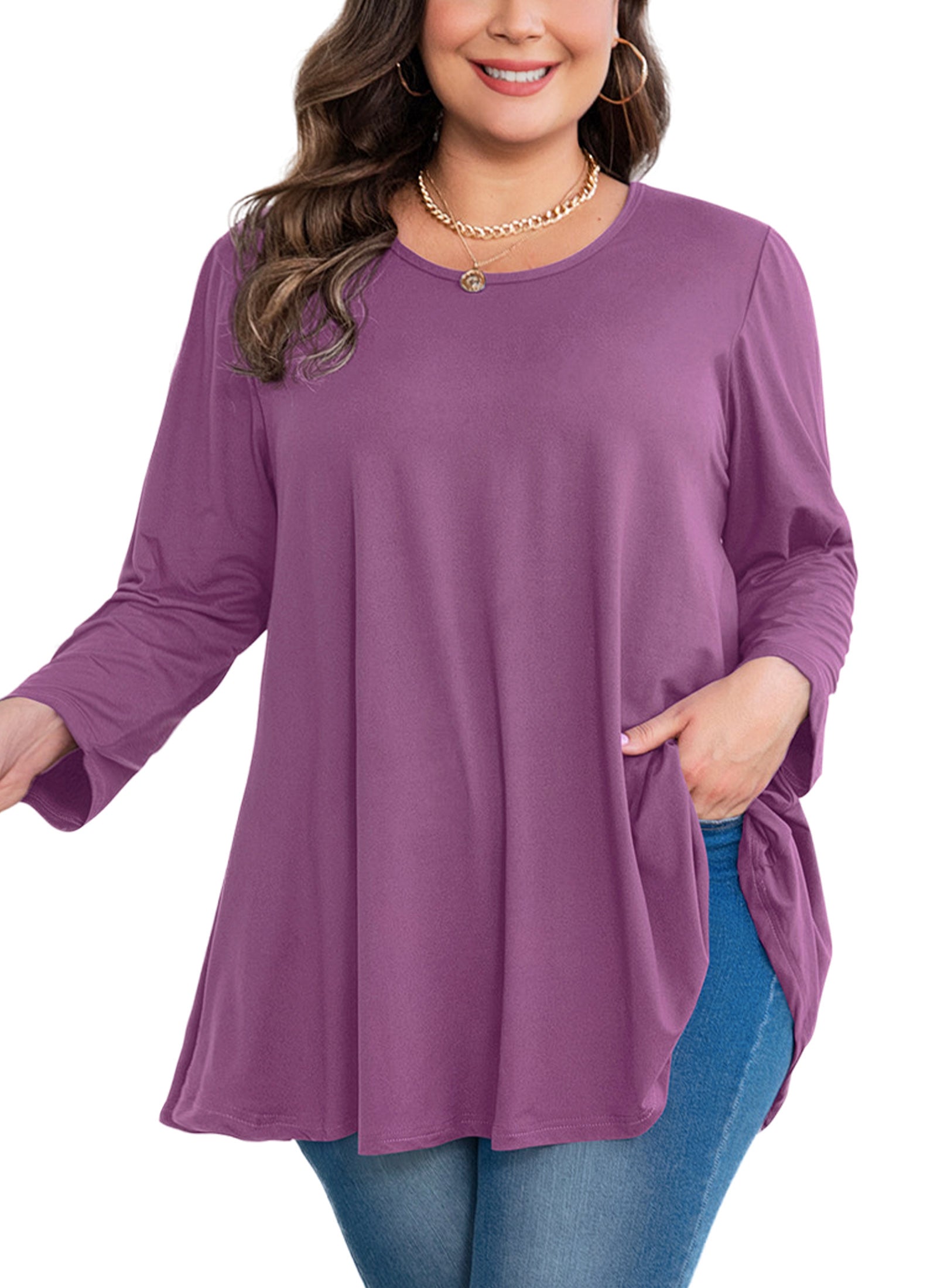 Womens Tunic Tops 3/4 Sleeve Plus Size Crew Neck Swing Flare Loose Fit T-Shirt Blouses to Wear with Leggings
