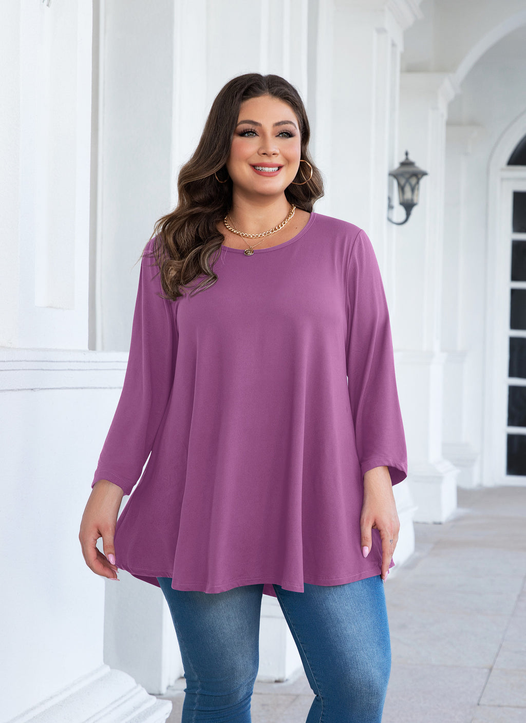 Womens Tunic Tops 3/4 Sleeve Plus Size Crew Neck Swing Flare Loose Fit T-Shirt Blouses to Wear with Leggings